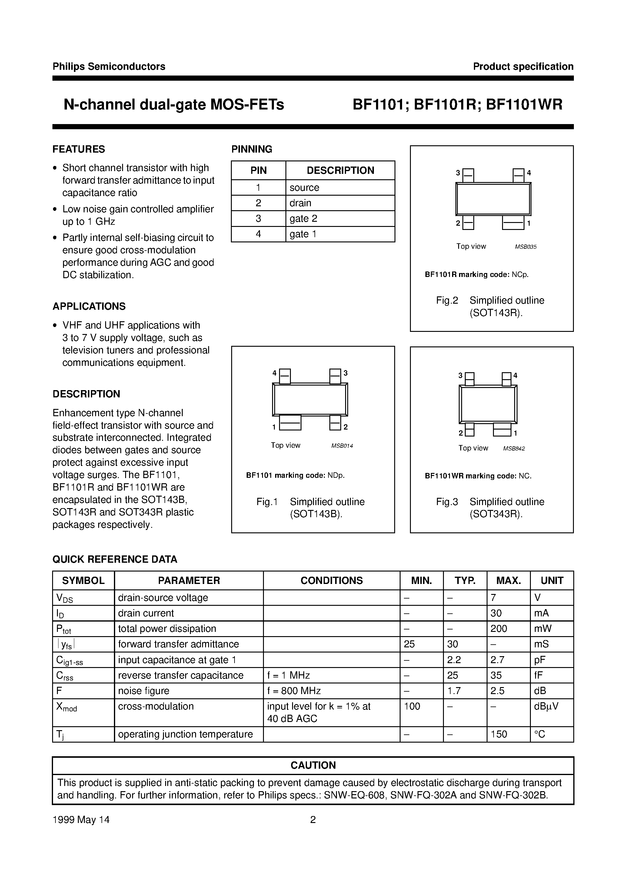 Datasheet BF1101 page 2 Datasheet BF1101 - N-channel dual-gate MOS-FETs page 2