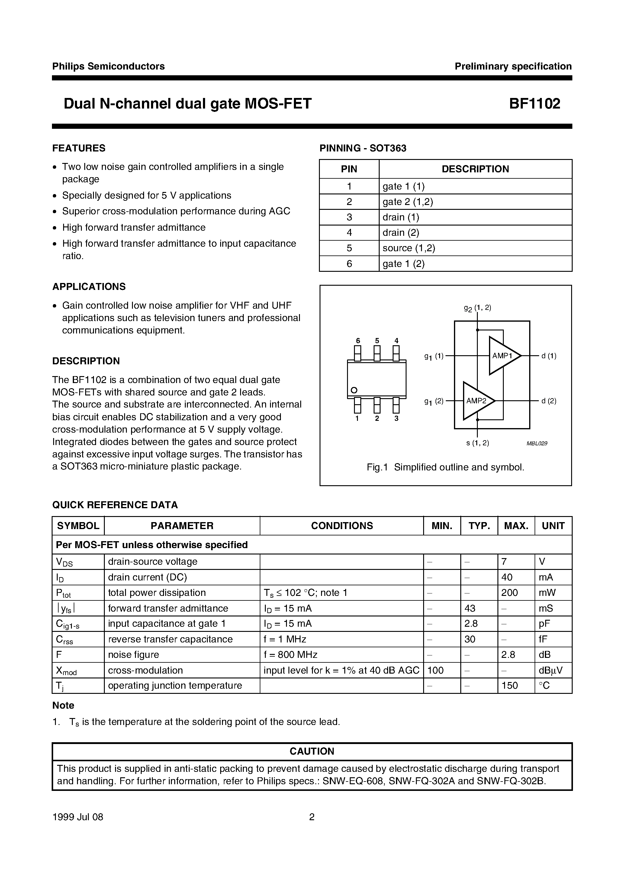 Datasheet BF1102 page 2 Datasheet BF1102 - Dual N-channel dual gate MOS-FET page 2