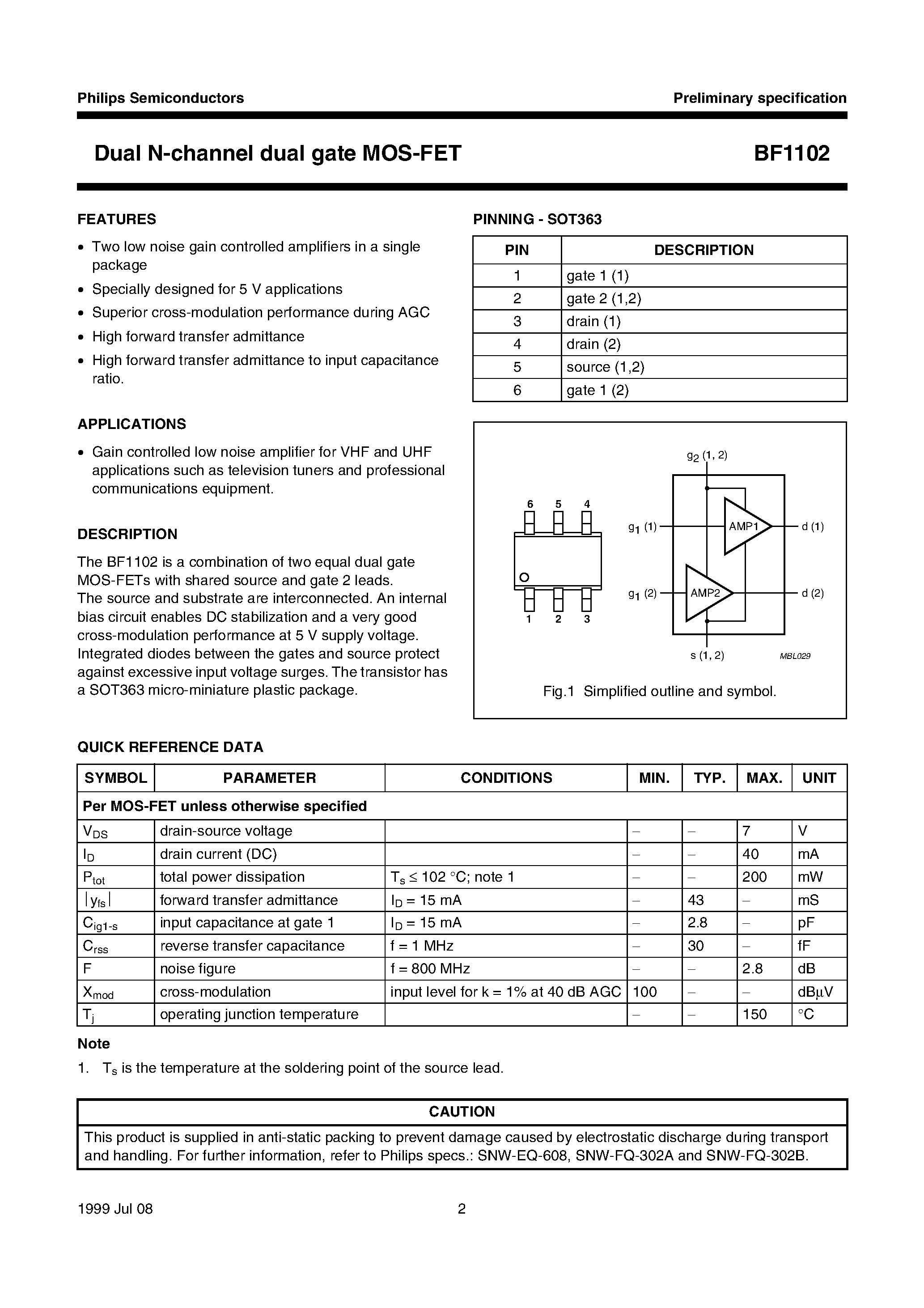 Datasheet BF1102 - Dual N-channel dual gate MOS-FET page 2