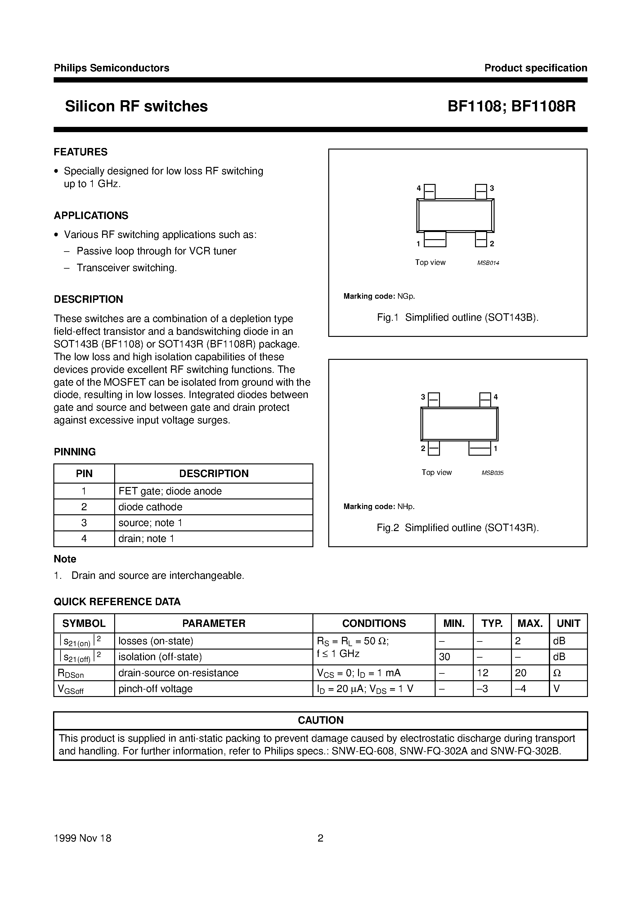 Даташит на микросхему BF1108R страница 2 Даташит BF1108R - Silicon RF switches страница 2