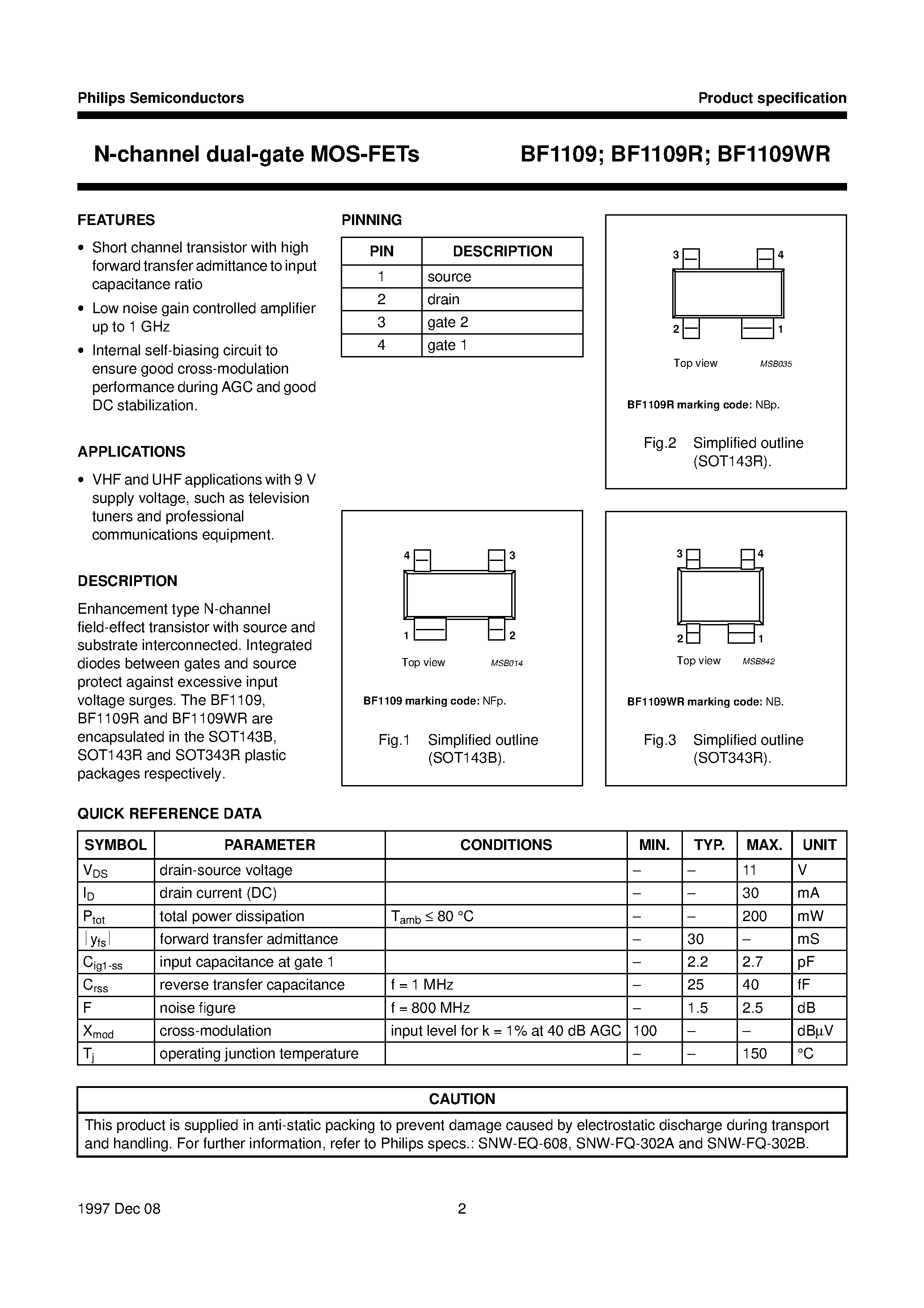 Даташит BF1109 - N-channel dual-gate MOS-FETs страница 2
