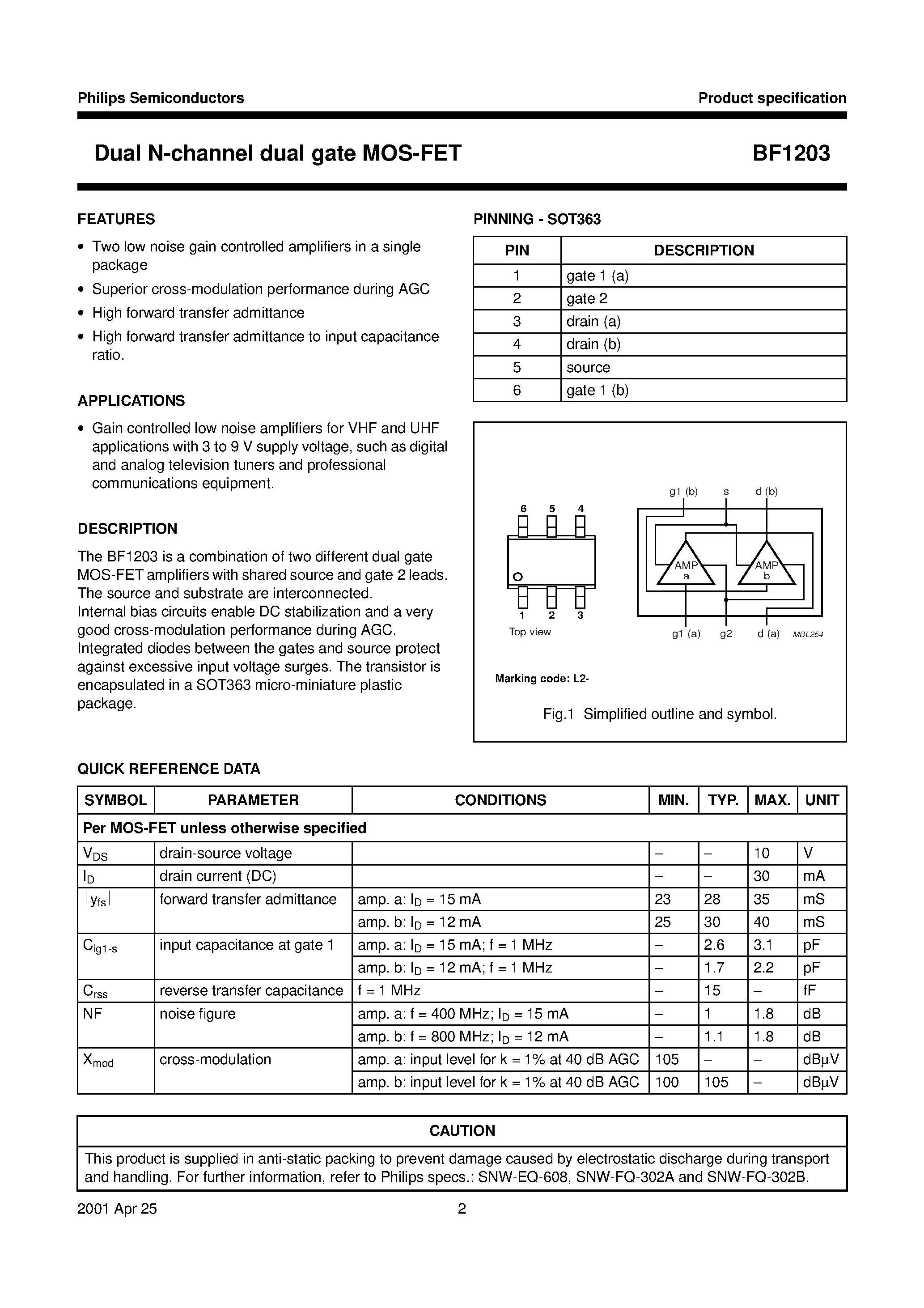 Даташит BF1203 - Dual N-channel dual gate MOS-FET страница 2