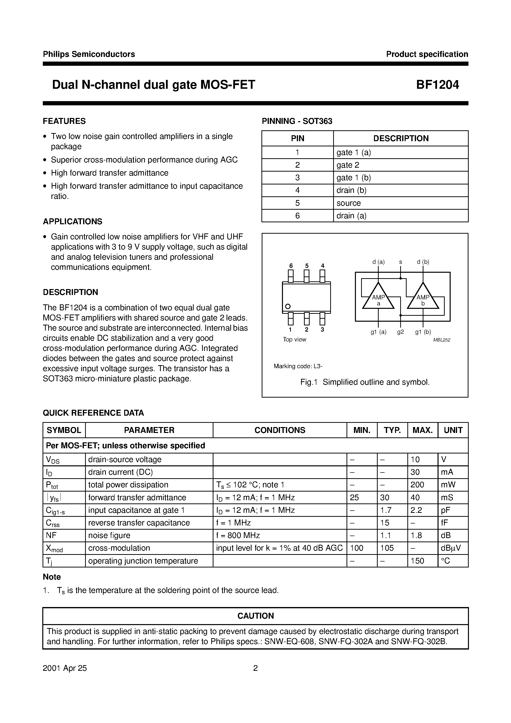 Даташит BF1204 - Dual N-channel dual gate MOS-FET страница 2
