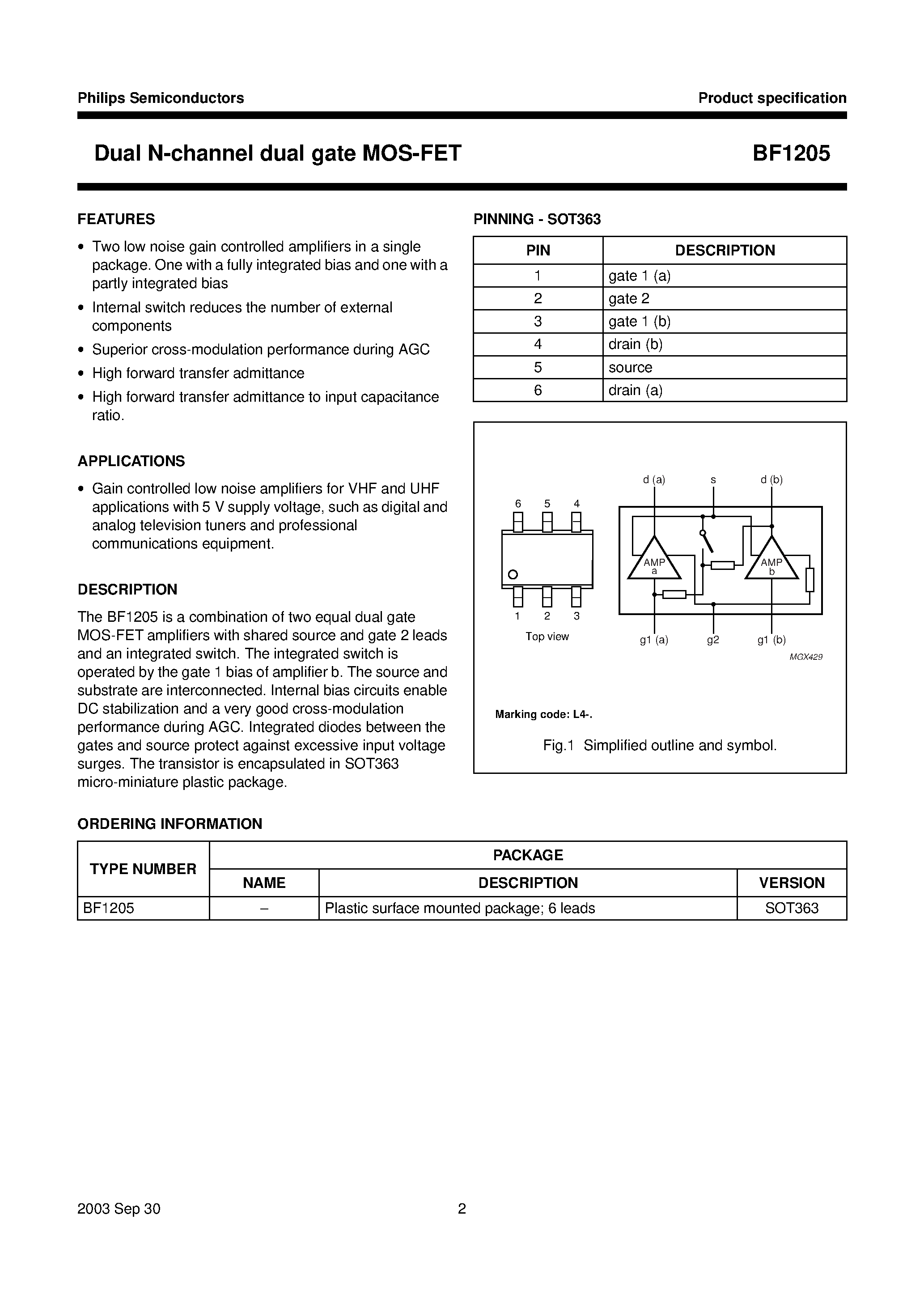 Даташит BF1205 - Dual N-channel dual gate MOS-FET страница 2