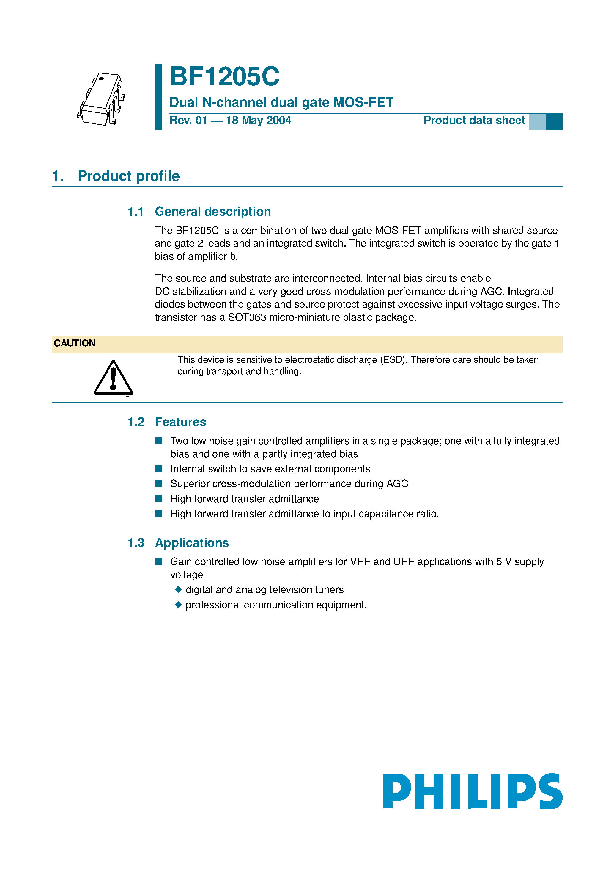 Даташит на микросхему BF1205C страница 1 Даташит BF1205C - Dual N-channel dual gate MOS-FET страница 1