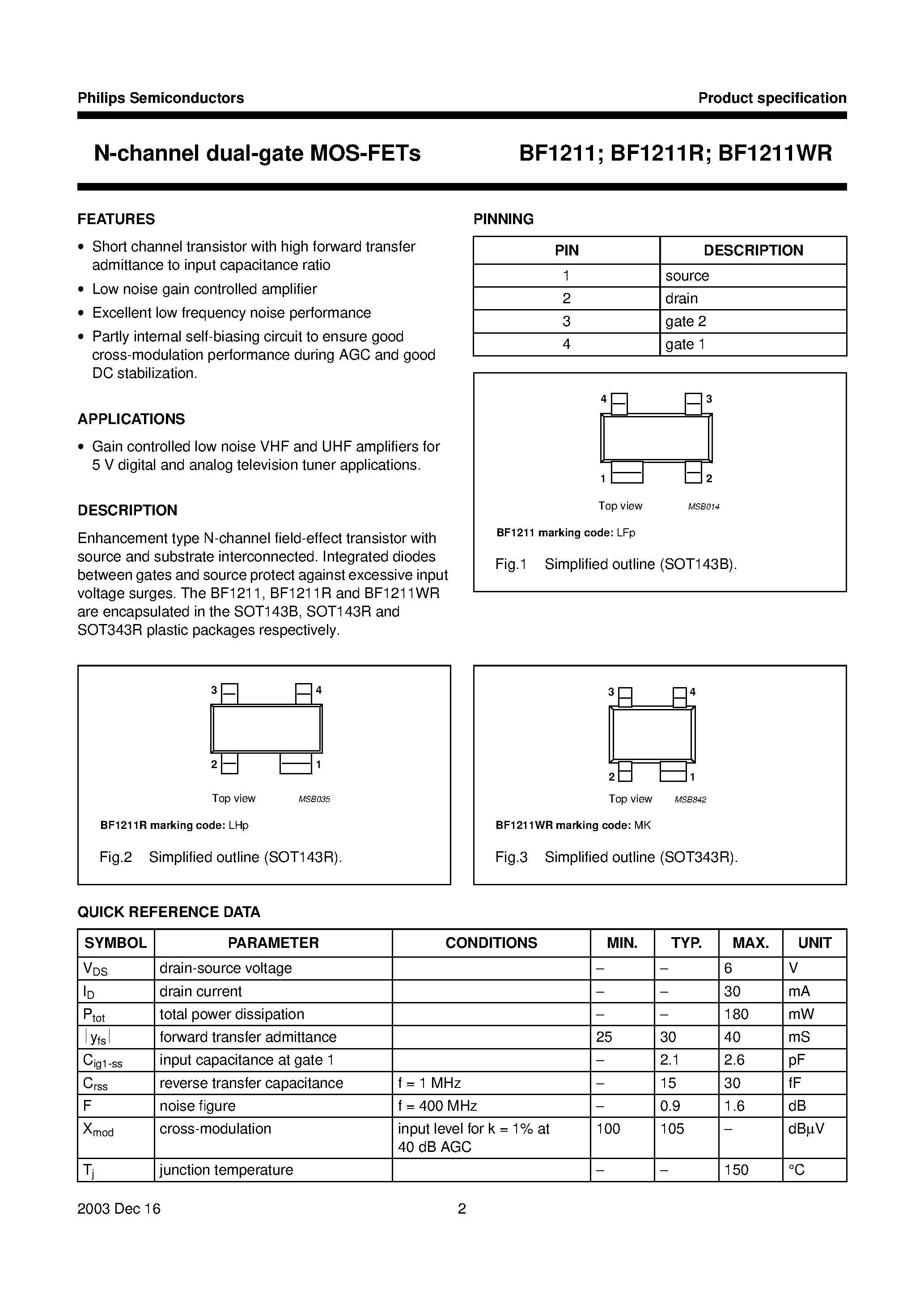 Даташит BF1211WR - N-channel dual-gate MOS-FETs страница 2