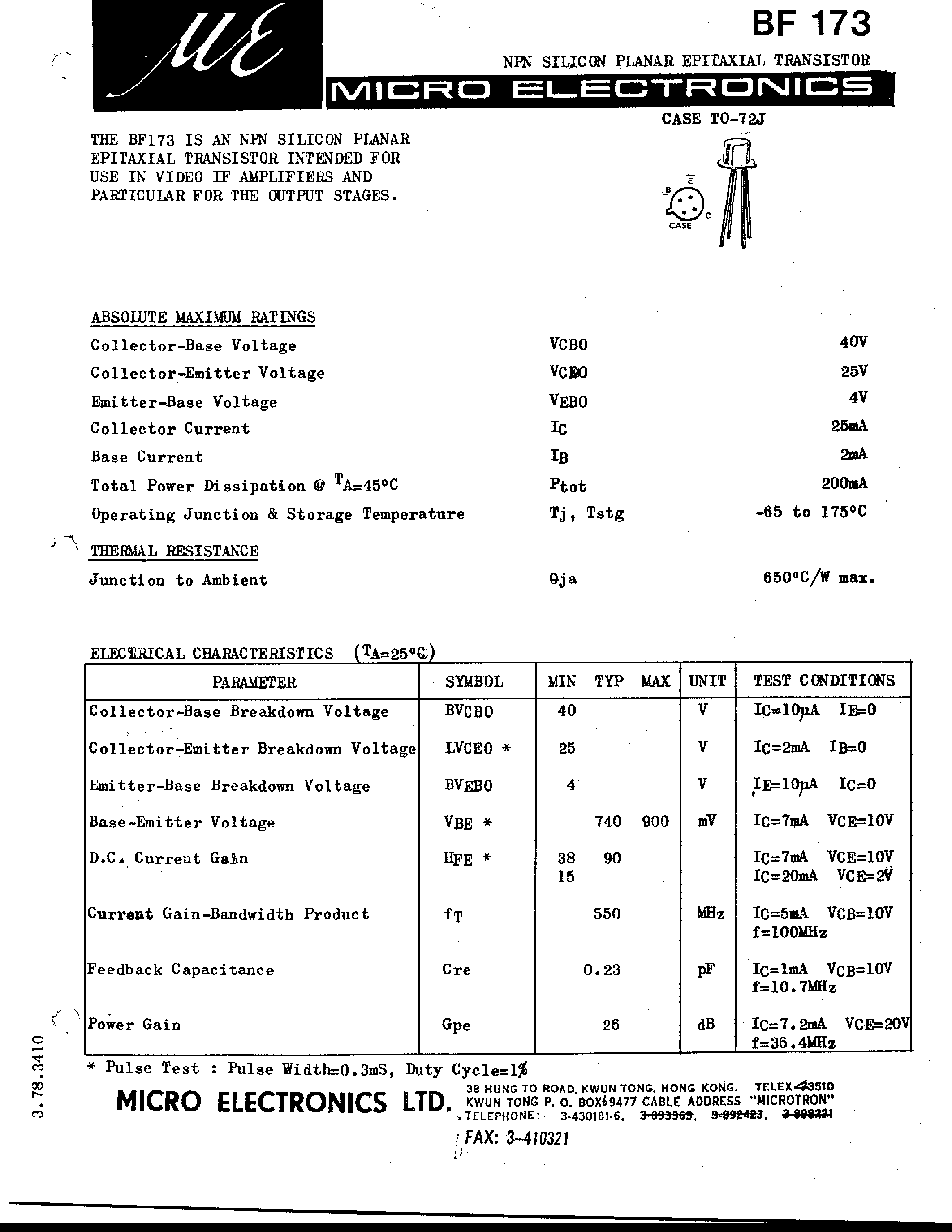 Datasheet BF173 page 1 Datasheet BF173 - NPN SILICON PLANAR EPITAXIAL TRANSISTOR page 1