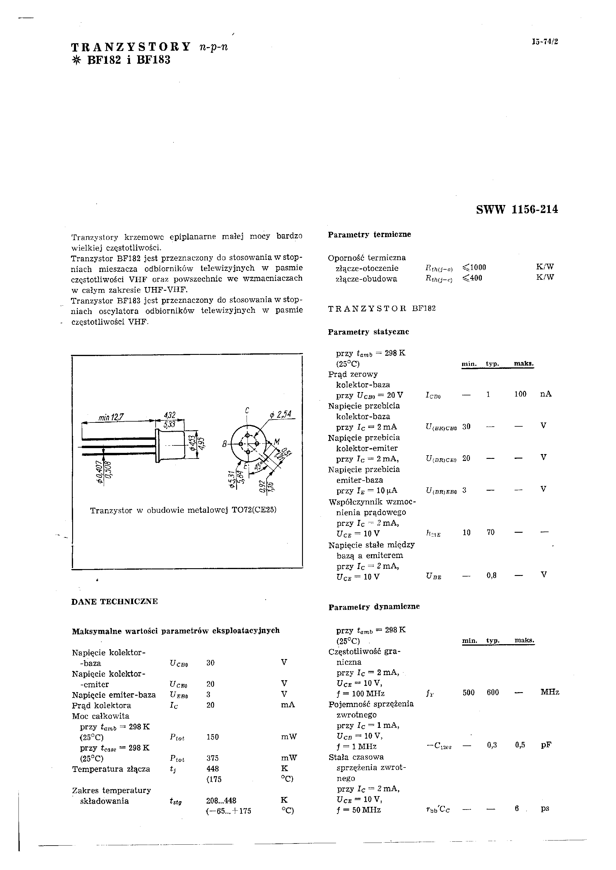 Datasheet BF182 page 1 Datasheet BF182 - TRANZYSTORY page 1