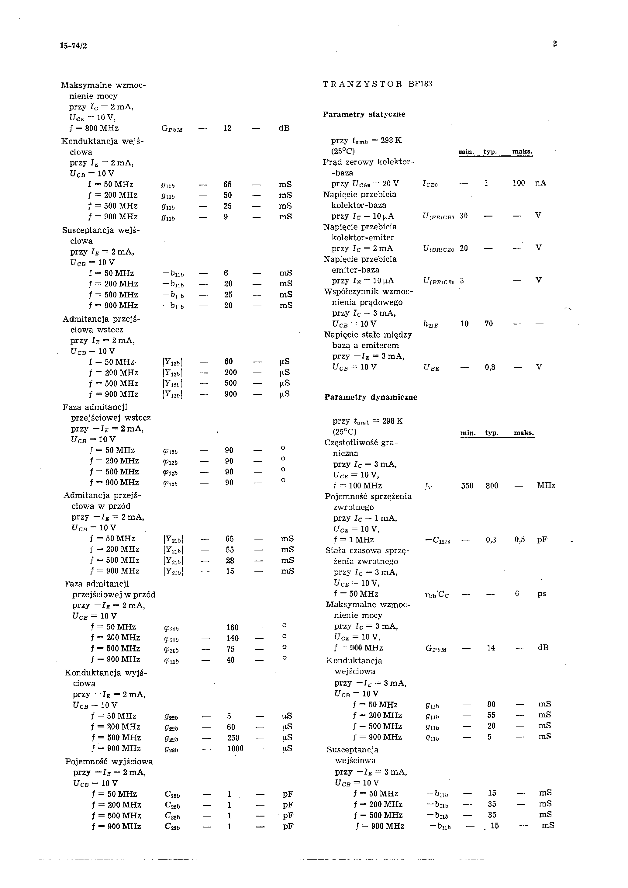 Datasheet BF183 page 2 Datasheet BF183 - TRANZYSTORY page 2