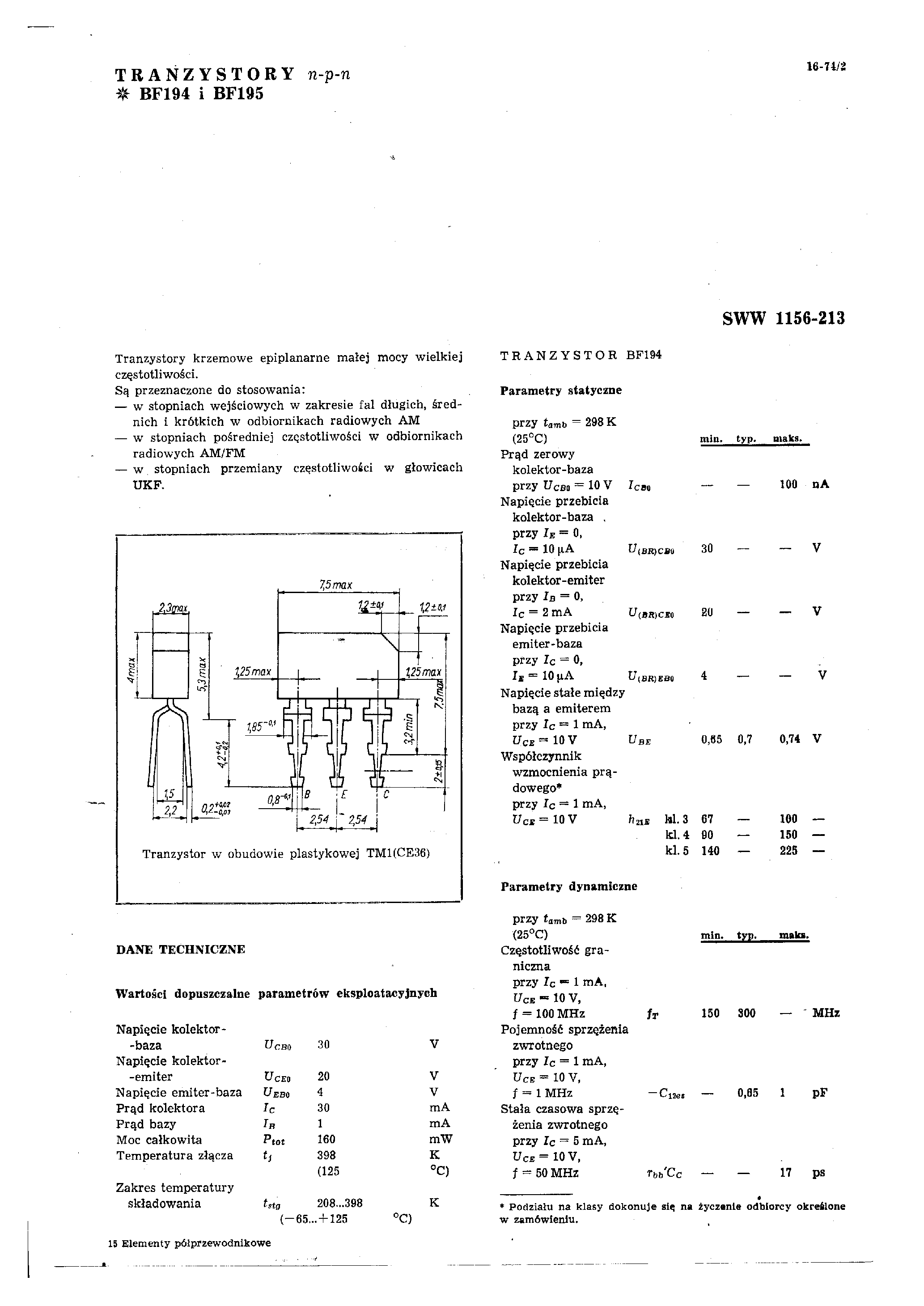 Datasheet BF194 page 1 Datasheet BF194 - TRANZYSTORY page 1
