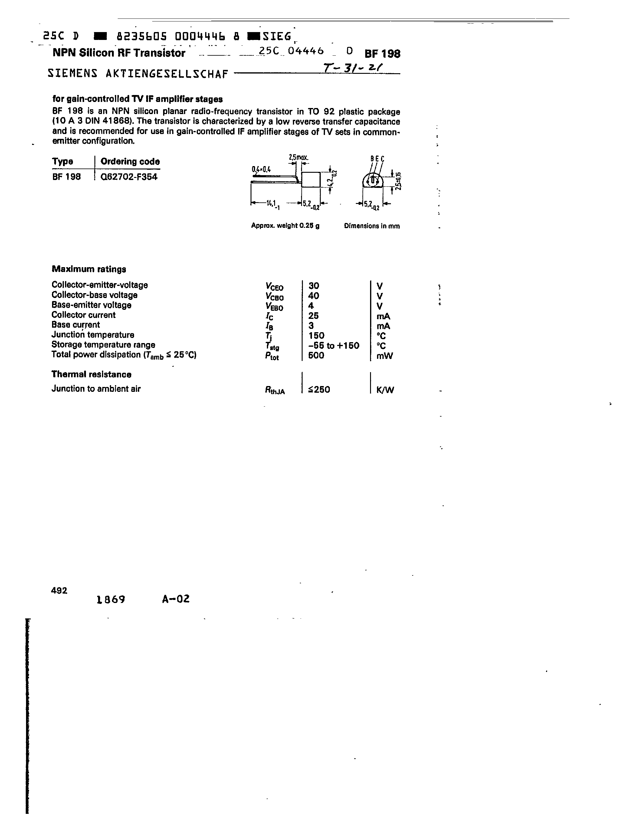 Datasheet BF198 page 1 Datasheet BF198 - NPN Silicon RF Transistor page 1