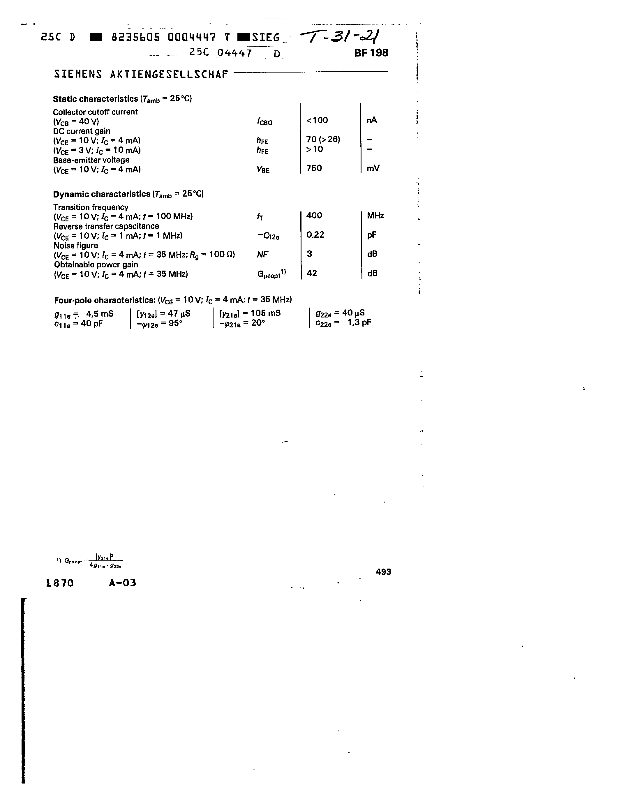 Datasheet BF198 page 2 Datasheet BF198 - NPN Silicon RF Transistor page 2