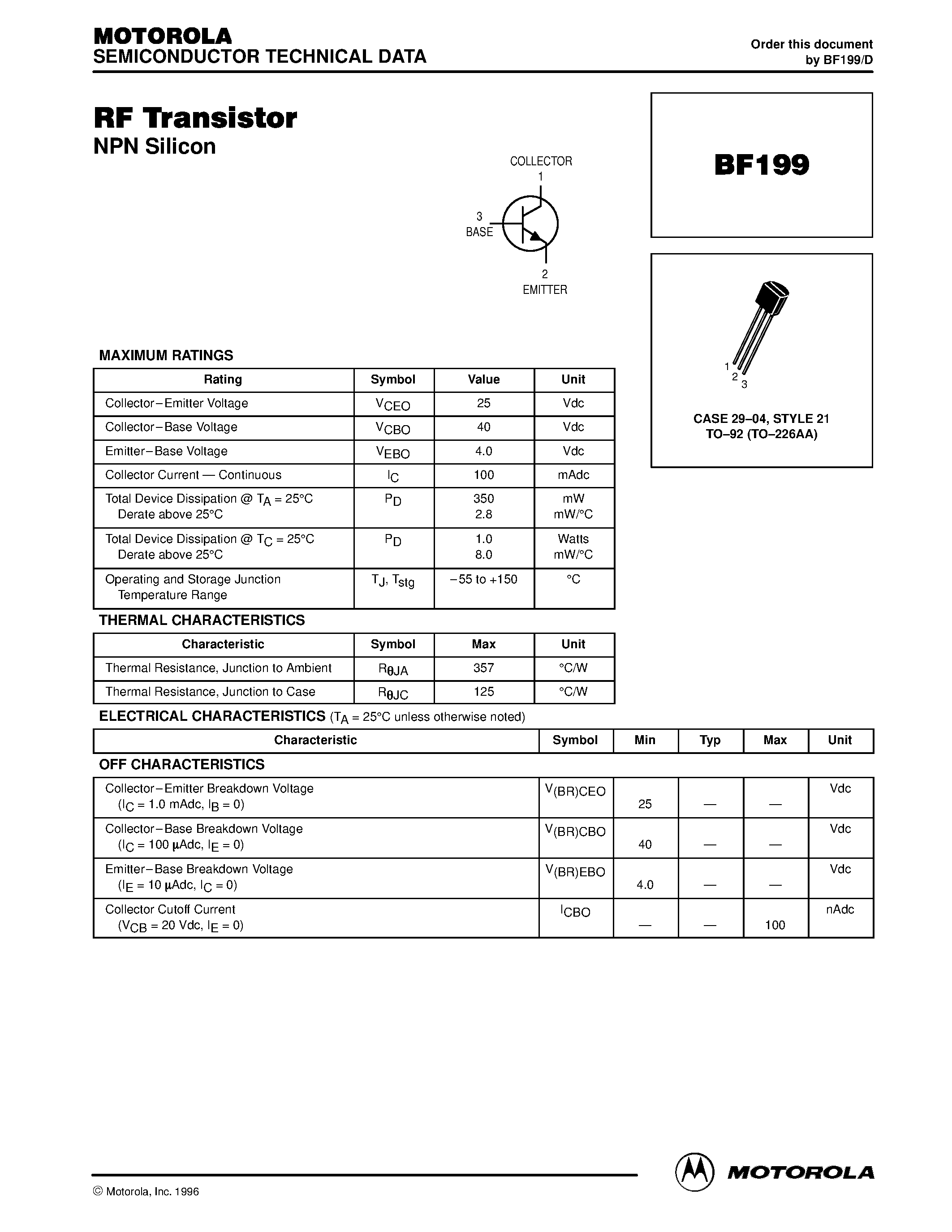 Datasheet BF199 - RF Transistor page 1