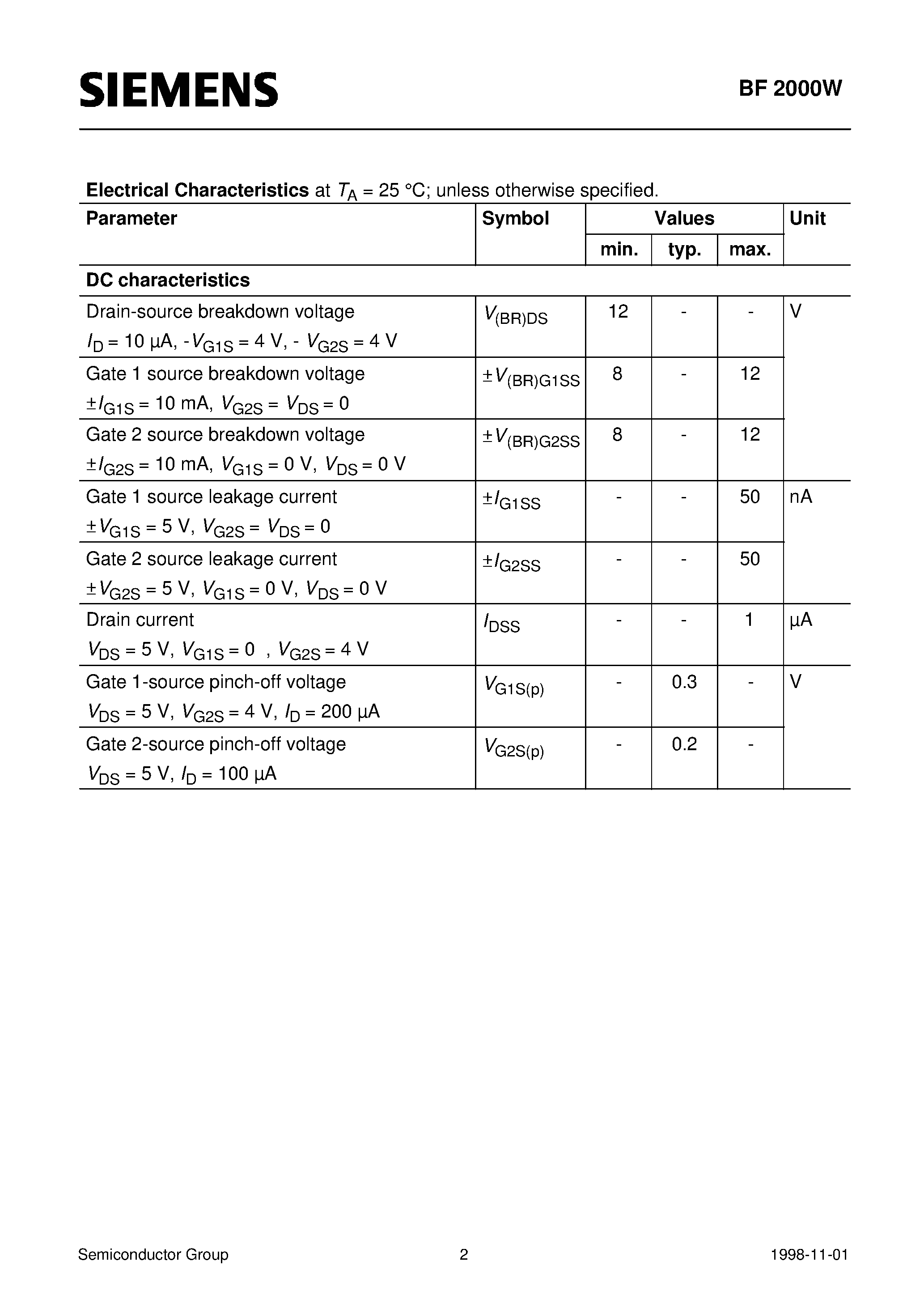 Даташит BF2000W - Silicon N Channel MOSFET Tetrode (Short-channel transistor with high S/C quality factor For low-noise/ gain-controlled input stages up to 1 GHz) страница 2