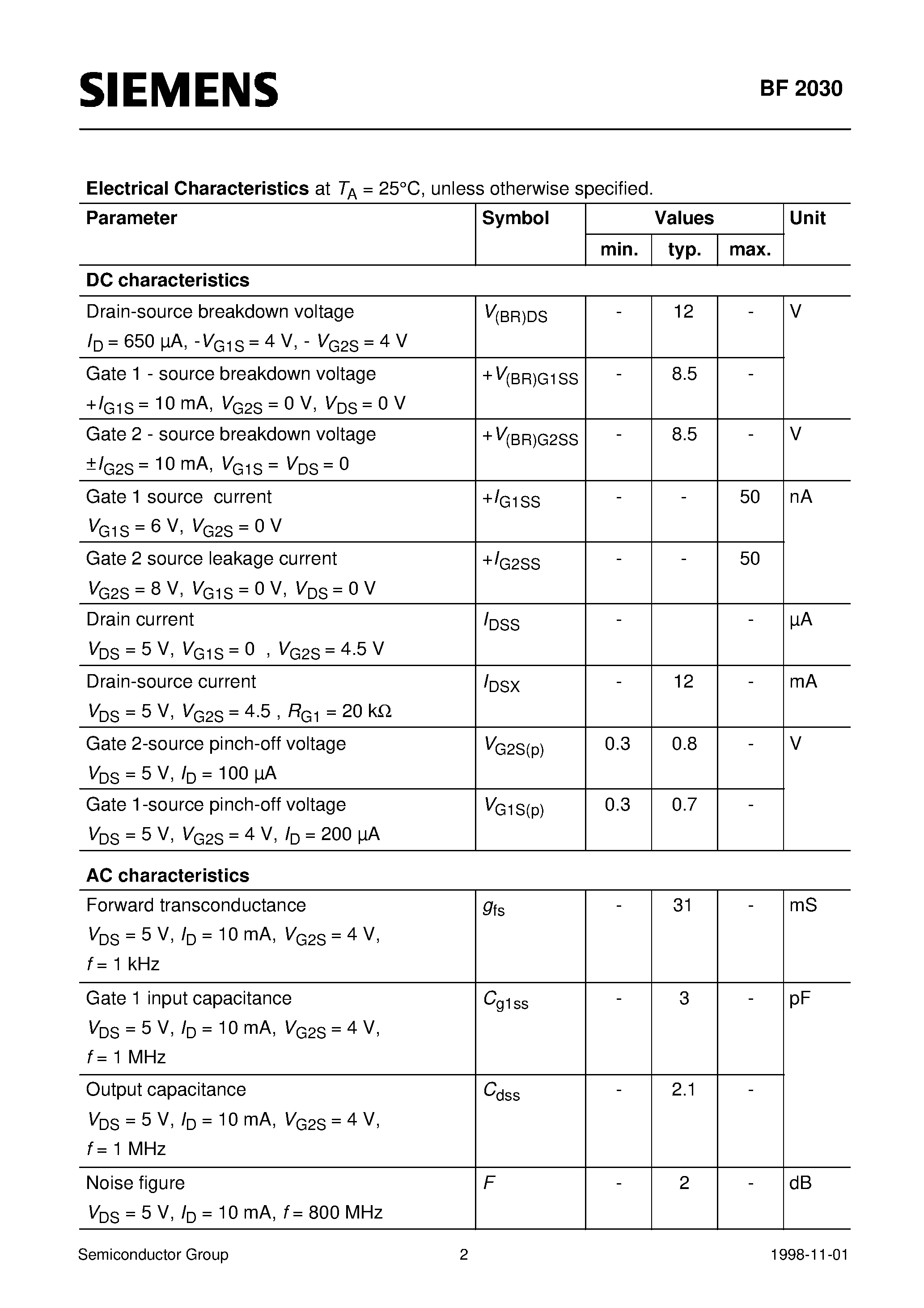 Datasheet BF2030 - Silicon N-Channel MOSFET Tetrode (For low noise/ high gain controlled input stages up to 1GHz Operating voltage 5V) page 2