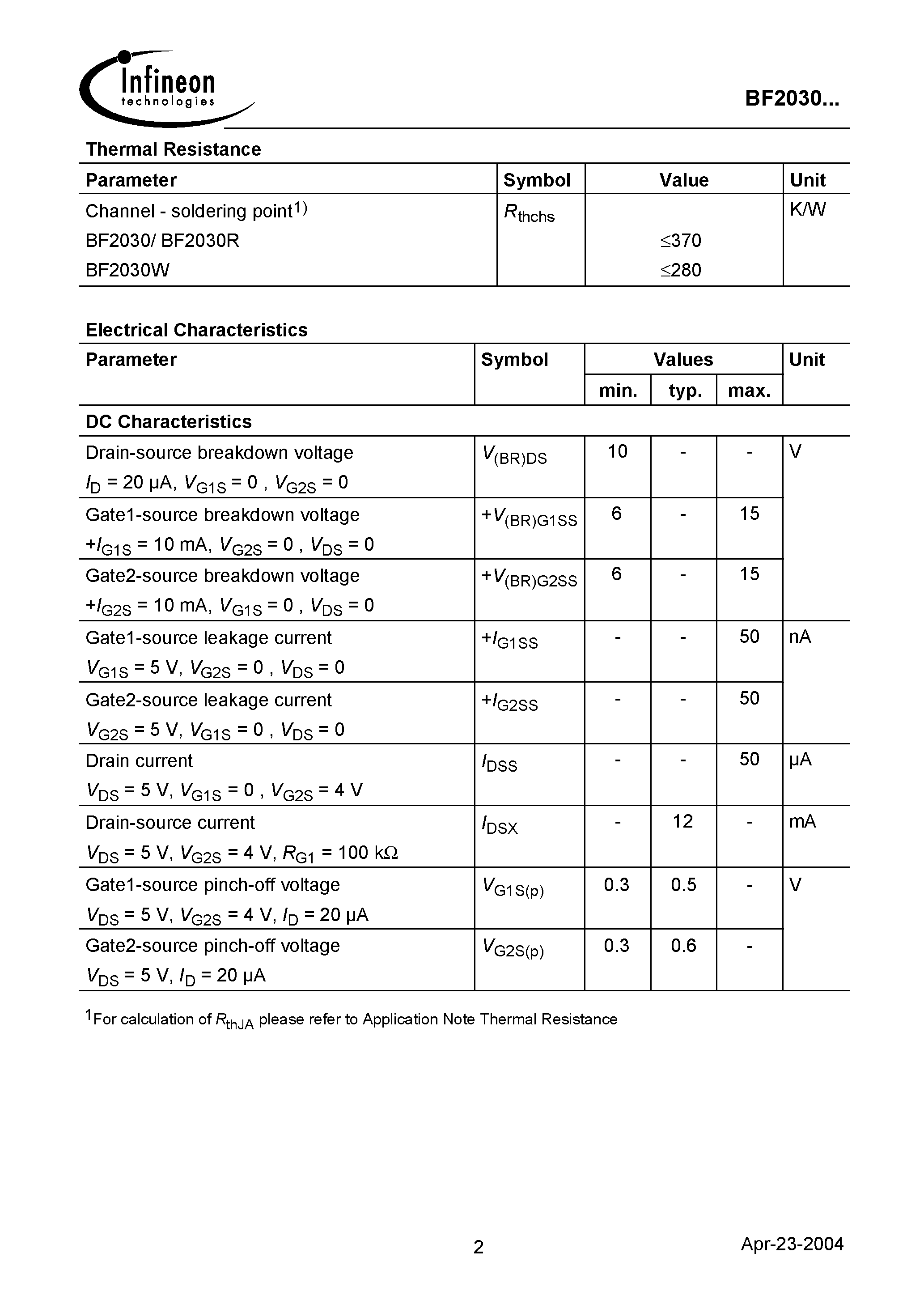Datasheet BF2030R - Silicon N-Channel MOSFET Tetrode page 2