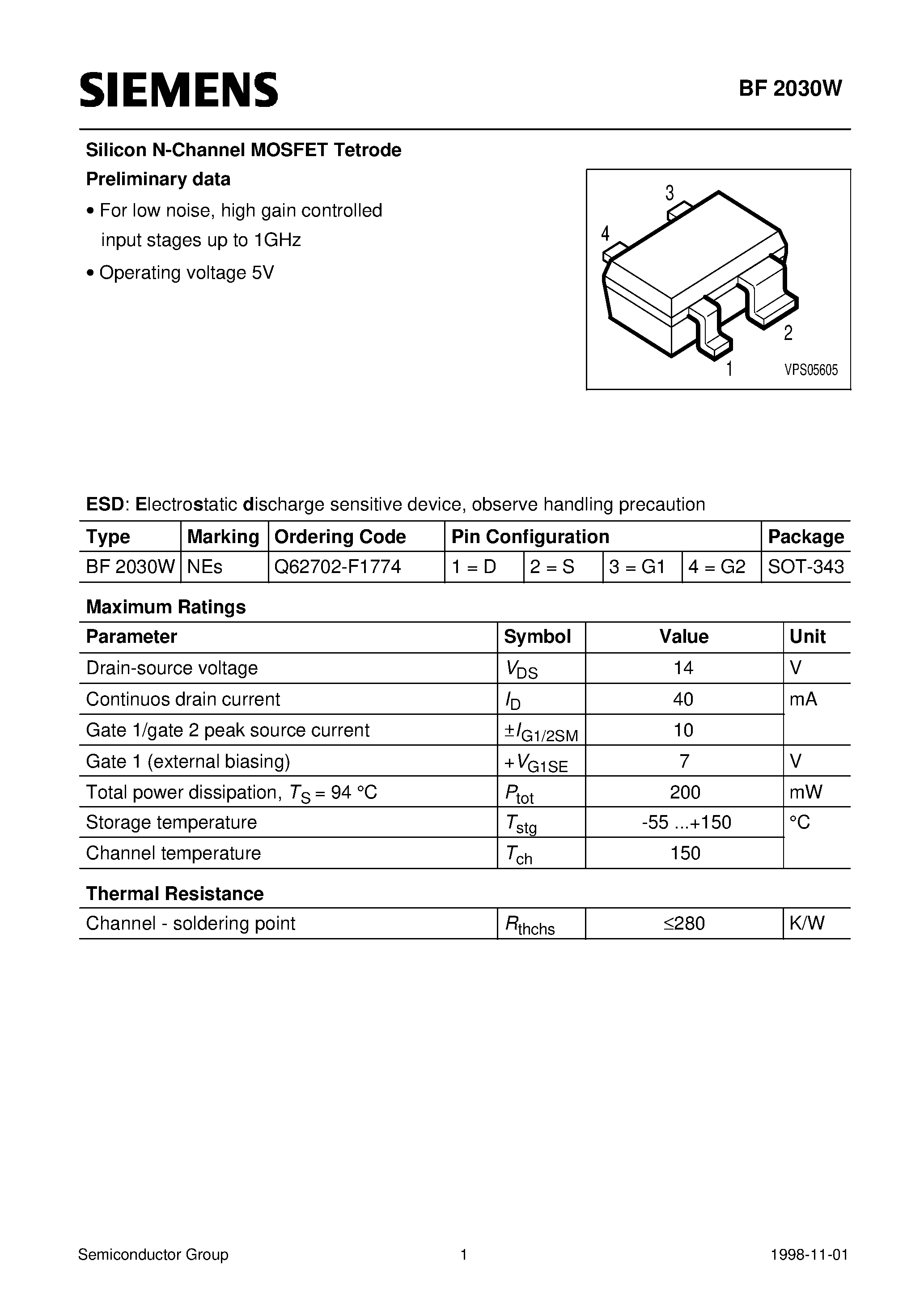 Datasheet BF2030W - Silicon N-Channel MOSFET Tetrode (For low noise/ high gain controlled input stages up to 1GHz Operating voltage 5V) page 1