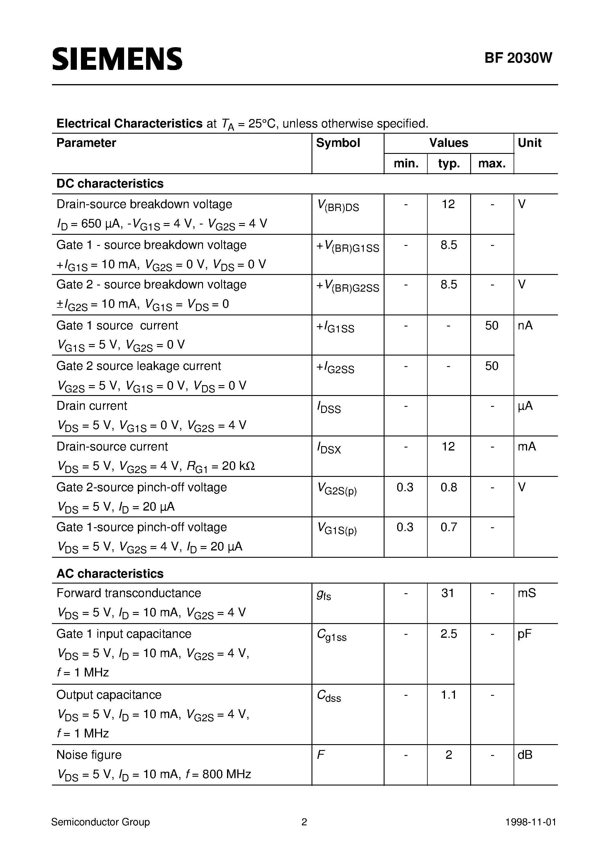Datasheet BF2030W - Silicon N-Channel MOSFET Tetrode (For low noise/ high gain controlled input stages up to 1GHz Operating voltage 5V) page 2