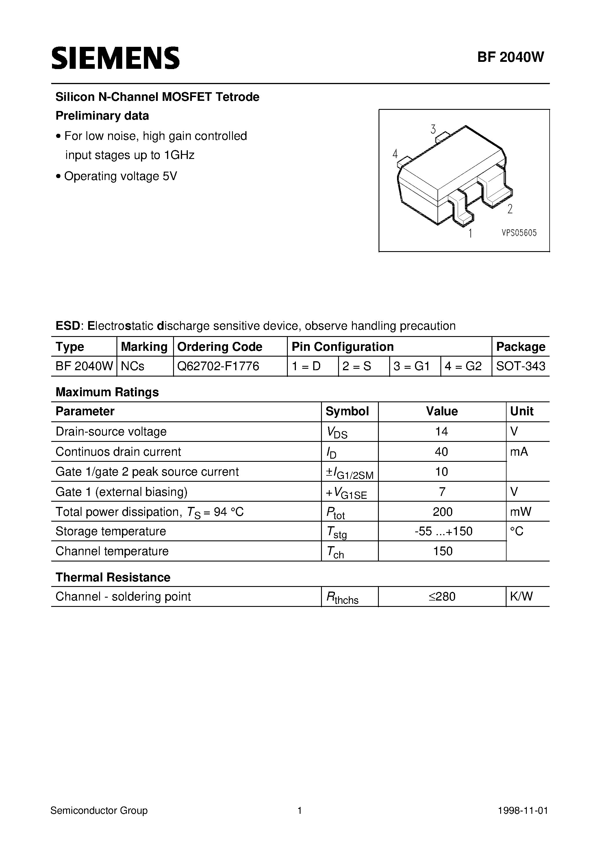 Datasheet BF2040W - Silicon N-Channel MOSFET Tetrode (For low noise/ high gain controlled input stages up to 1GHz Operating voltage 5V) page 1