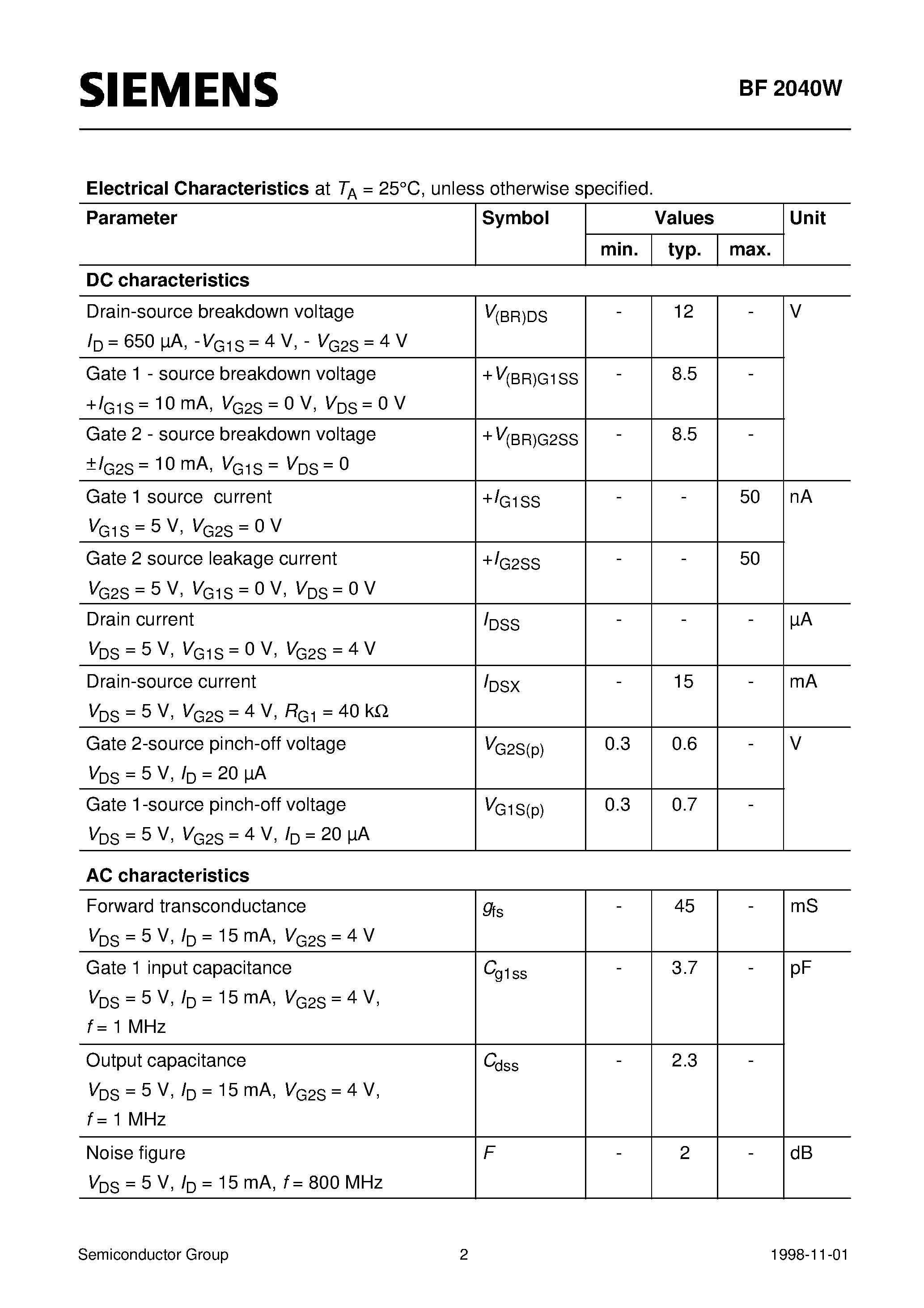 Datasheet BF2040W - Silicon N-Channel MOSFET Tetrode (For low noise/ high gain controlled input stages up to 1GHz Operating voltage 5V) page 2