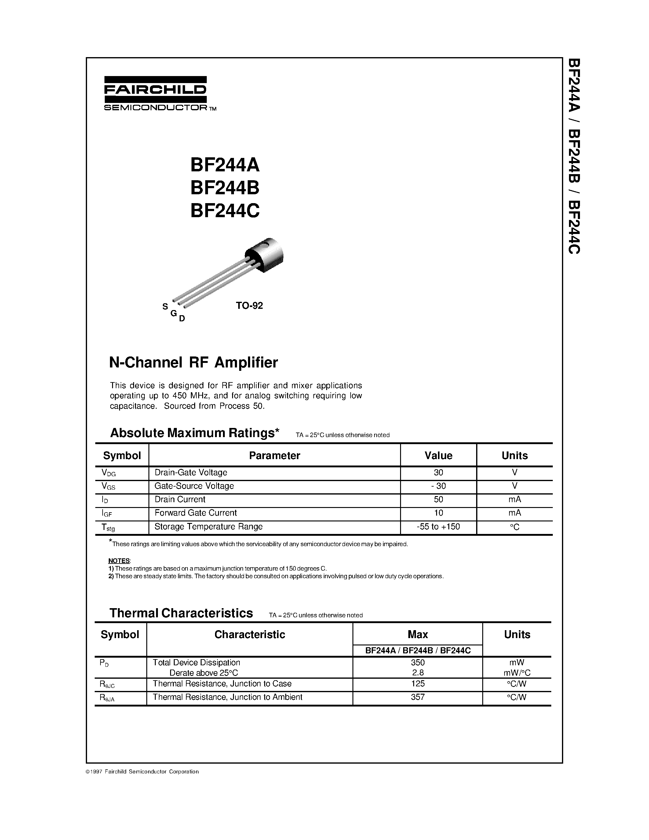 Datasheet BF244C - N-Channel RF Amplifier page 1