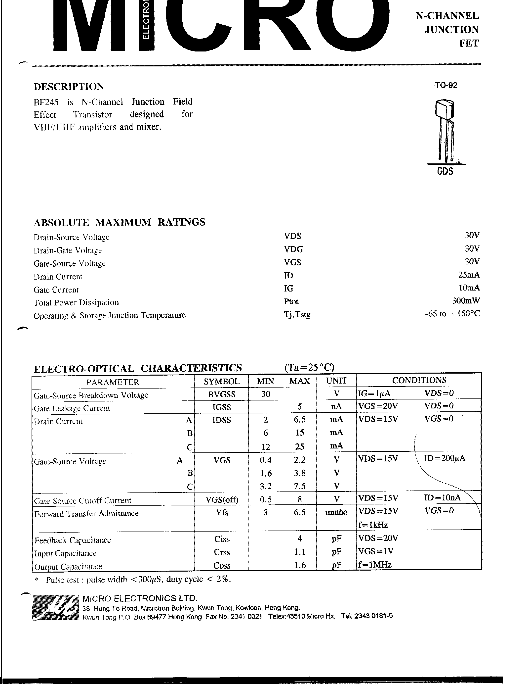 Даташит на микросхему BF245 страница 1 Даташит BF245 - N-CHANNEL JUNCTION FET страница 1