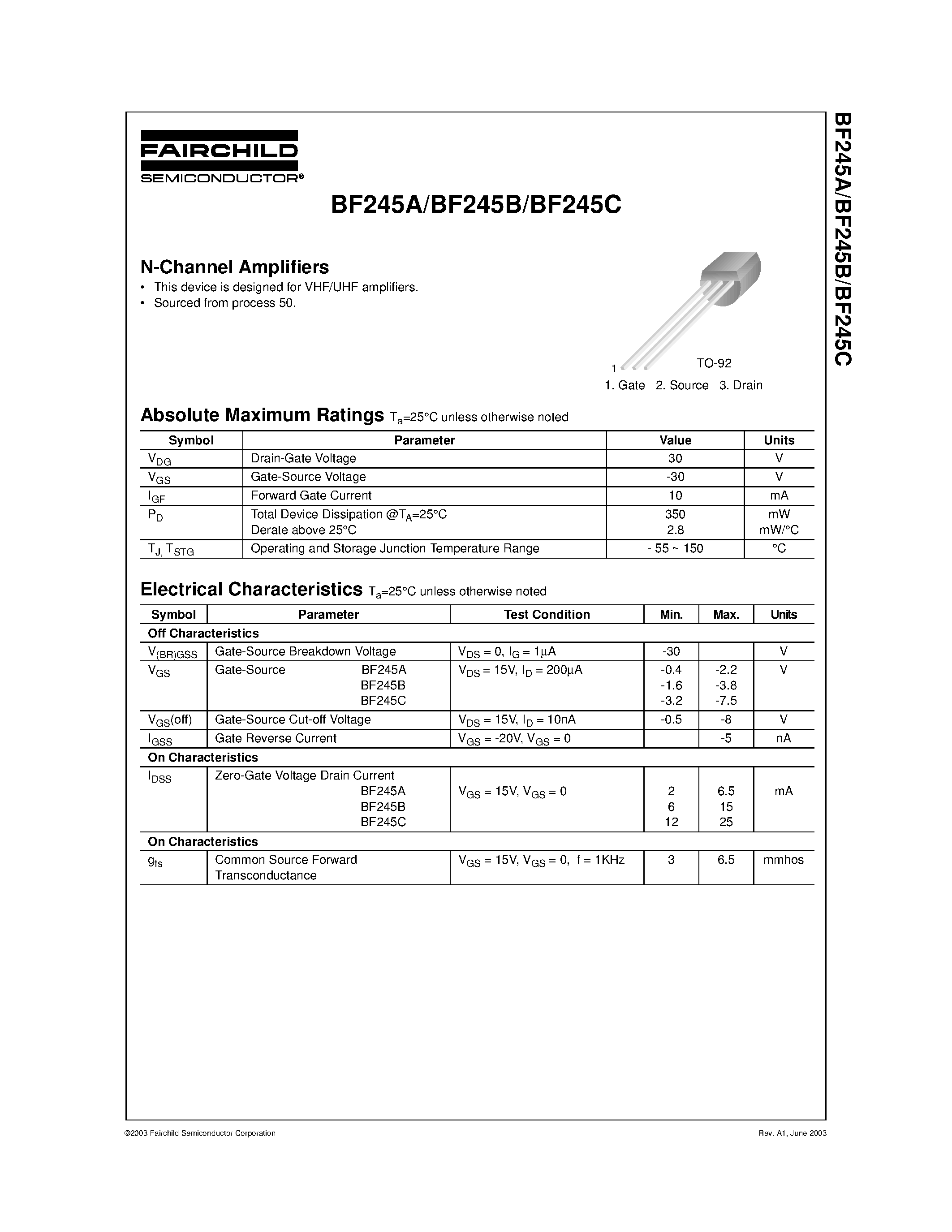 Datasheet BF245B - N-Channel Amplifiers page 1