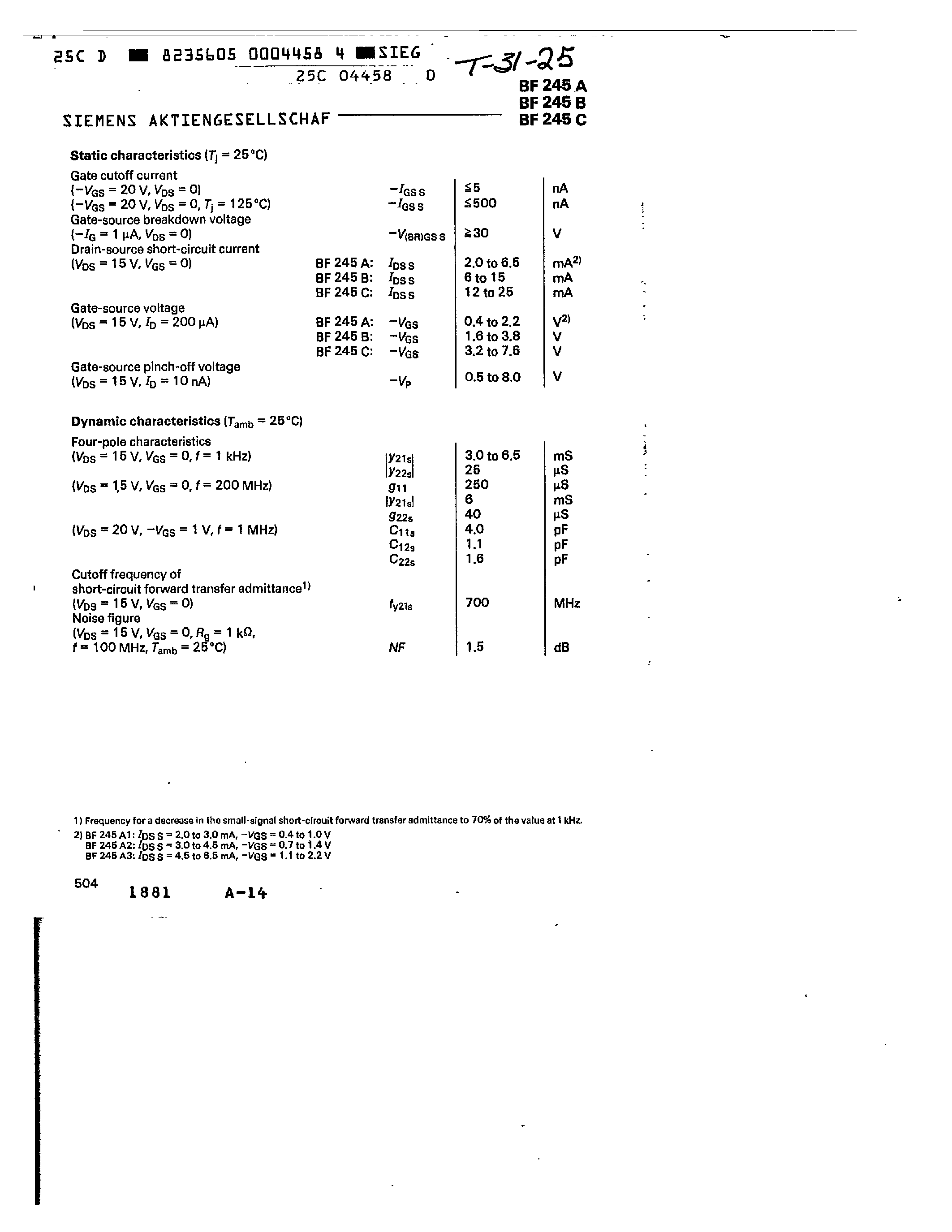 Даташит BF245C - N-Channel junction field-Effect Transistors страница 2
