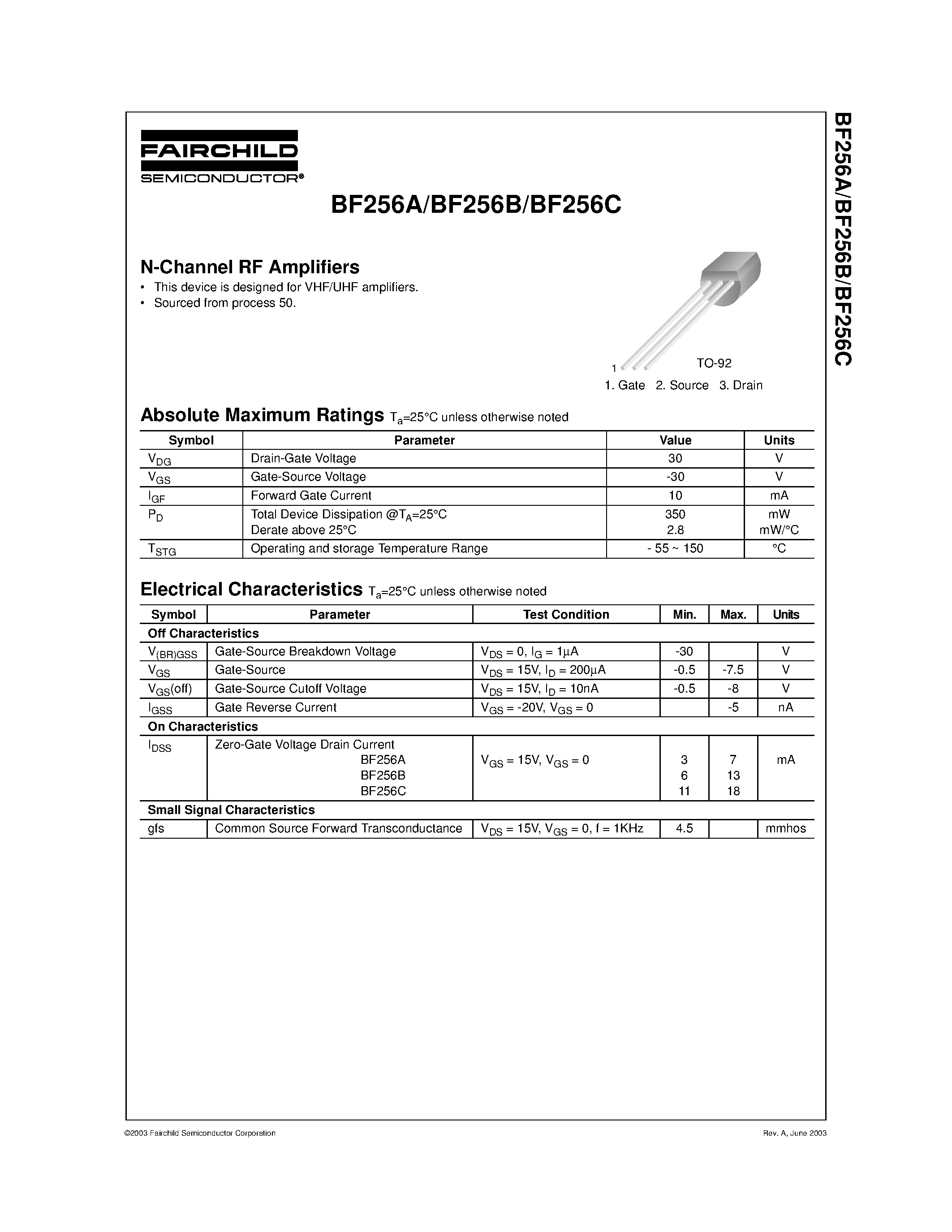 Datasheet BF256B - N-Channel RF Amplifiers page 1