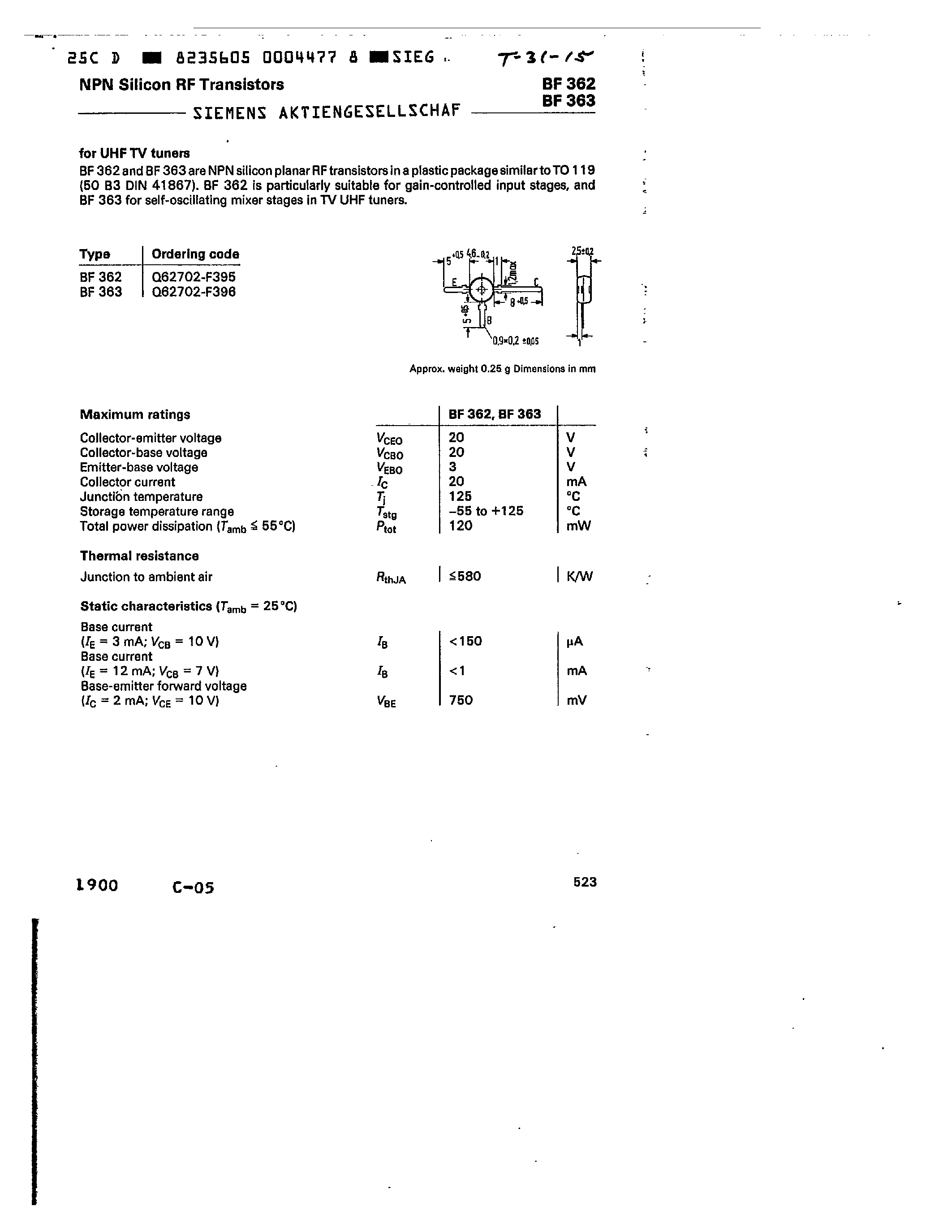 Даташит BF362 - NPN SILICON RF TRANSISTORS страница 1