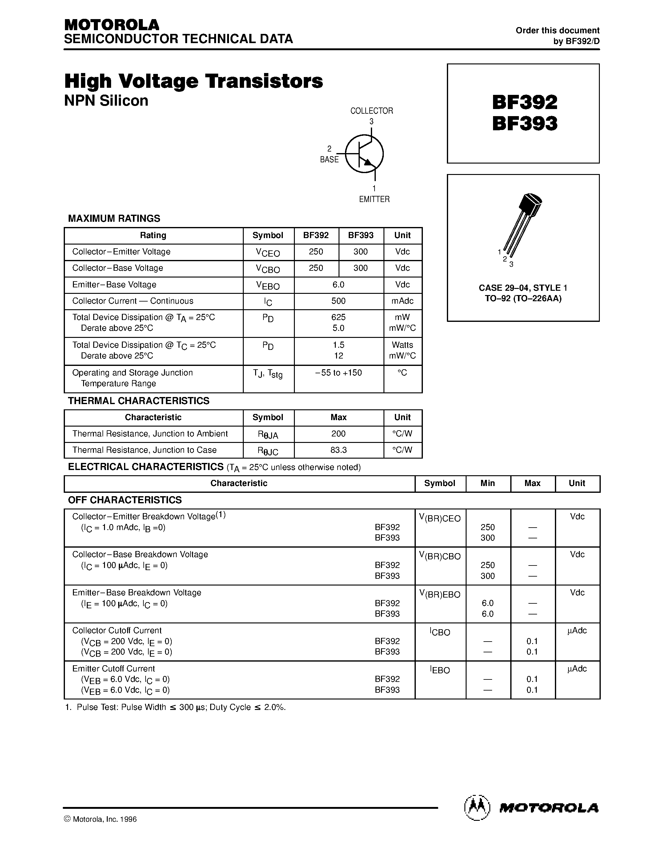 Даташит BF392 - High Voltage Transistors(NPN) страница 1