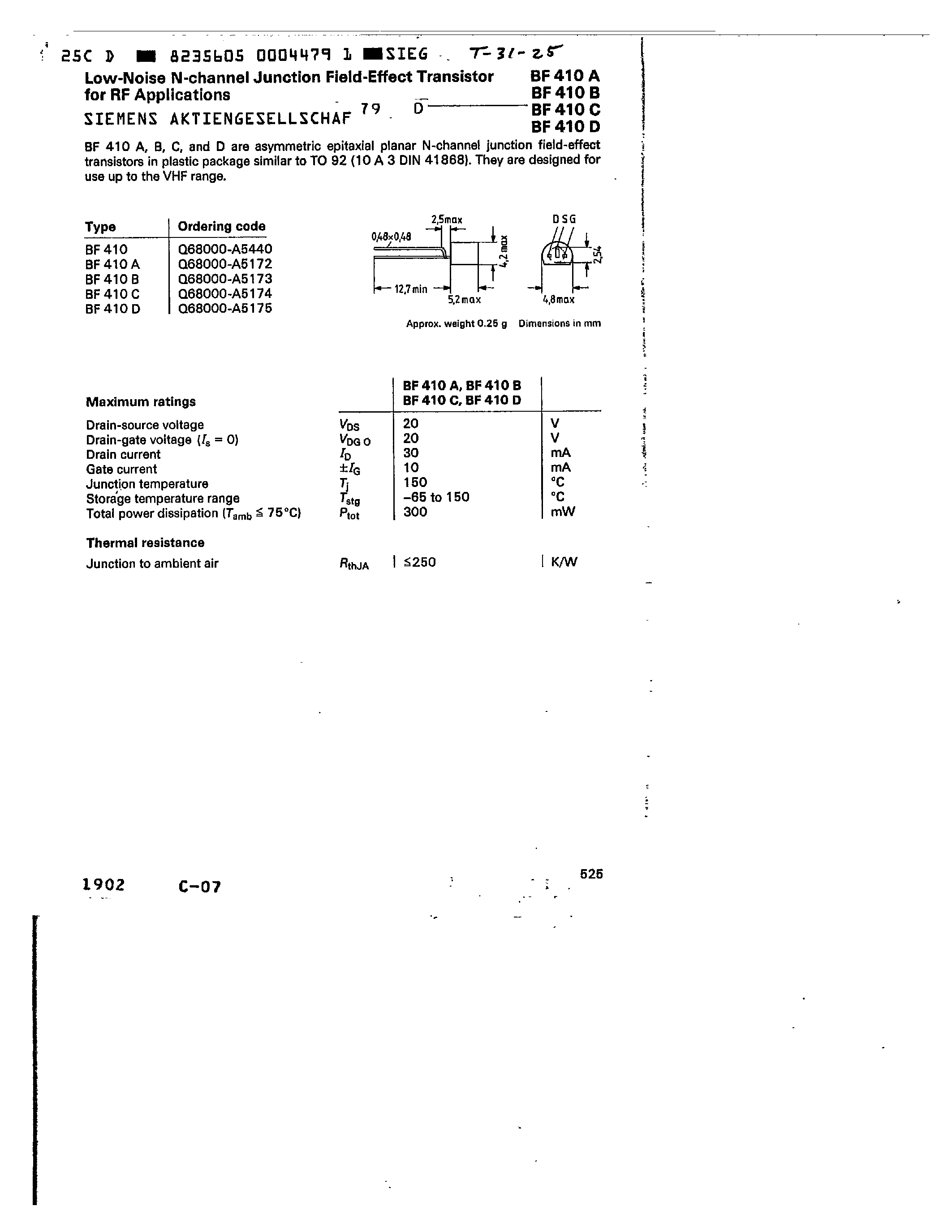 Datasheet BF410D - LOW-NOISE N-CHANNEL JUNCTION FIELD-EFFECT TRANSISTOR FOR RF APPLICATIONS page 1