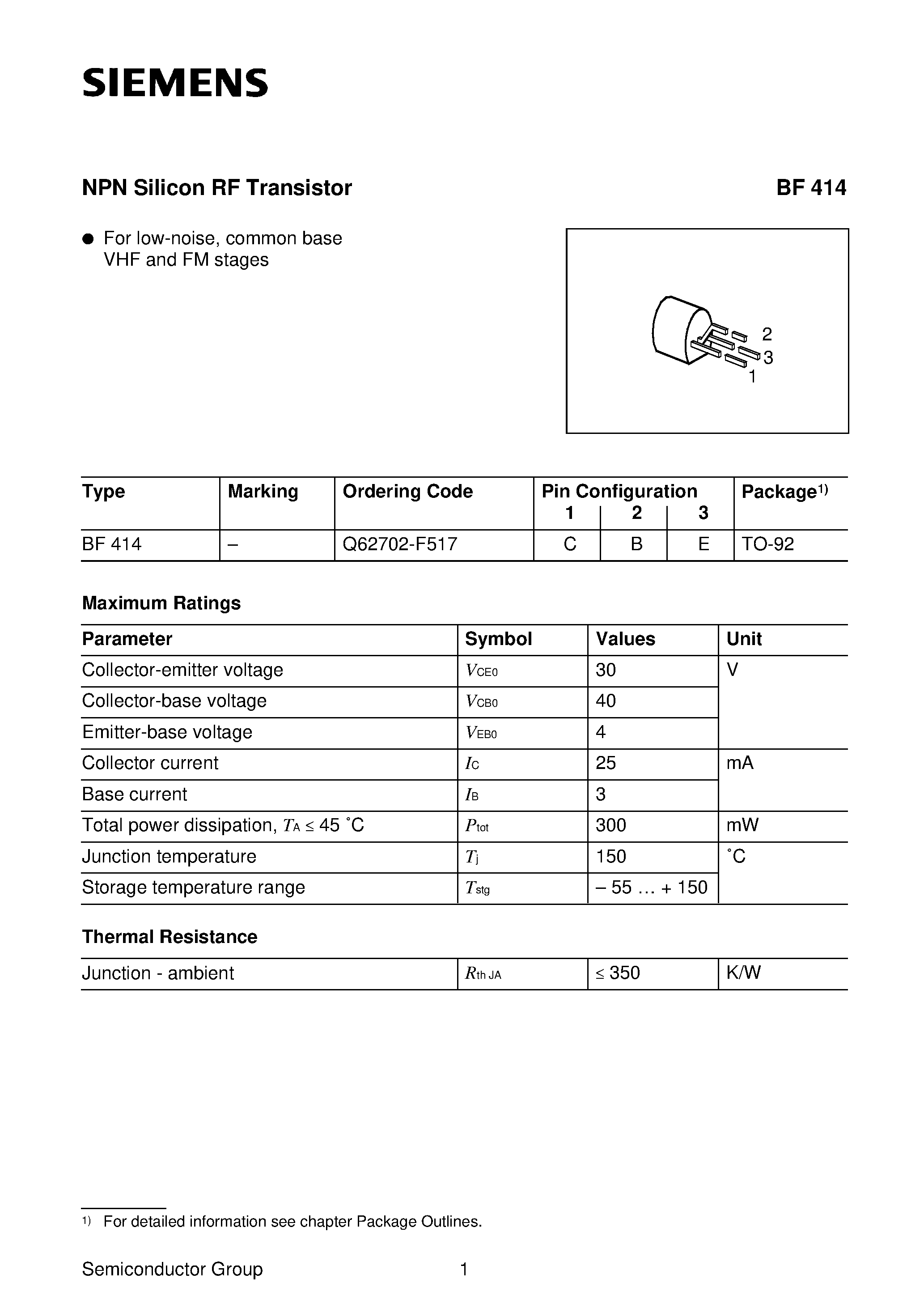 Datasheet BF414 - NPN Silicon RF Transistor (For low-noise/ common base VHF and FM stages) page 1
