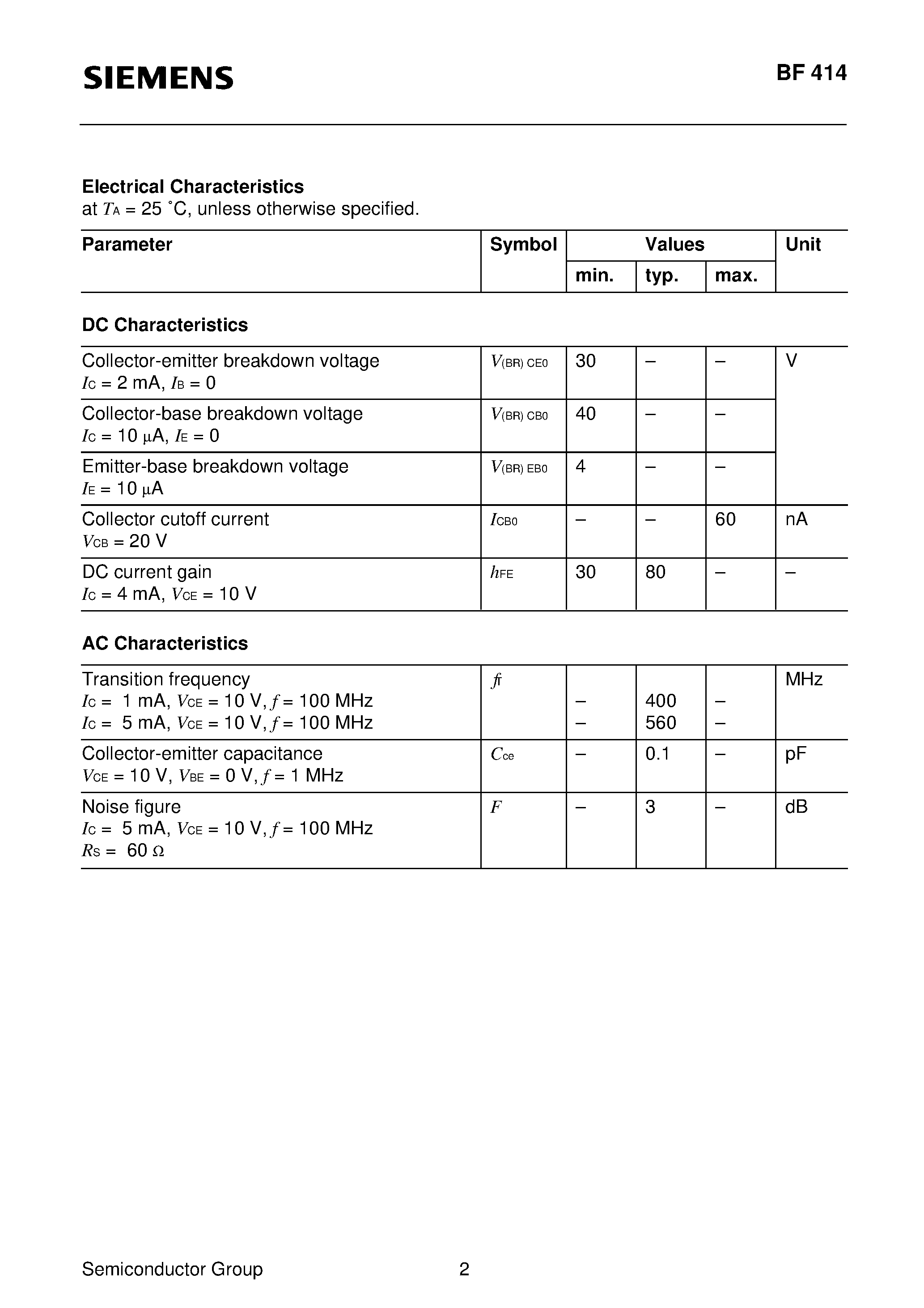 Datasheet BF414 - NPN Silicon RF Transistor (For low-noise/ common base VHF and FM stages) page 2