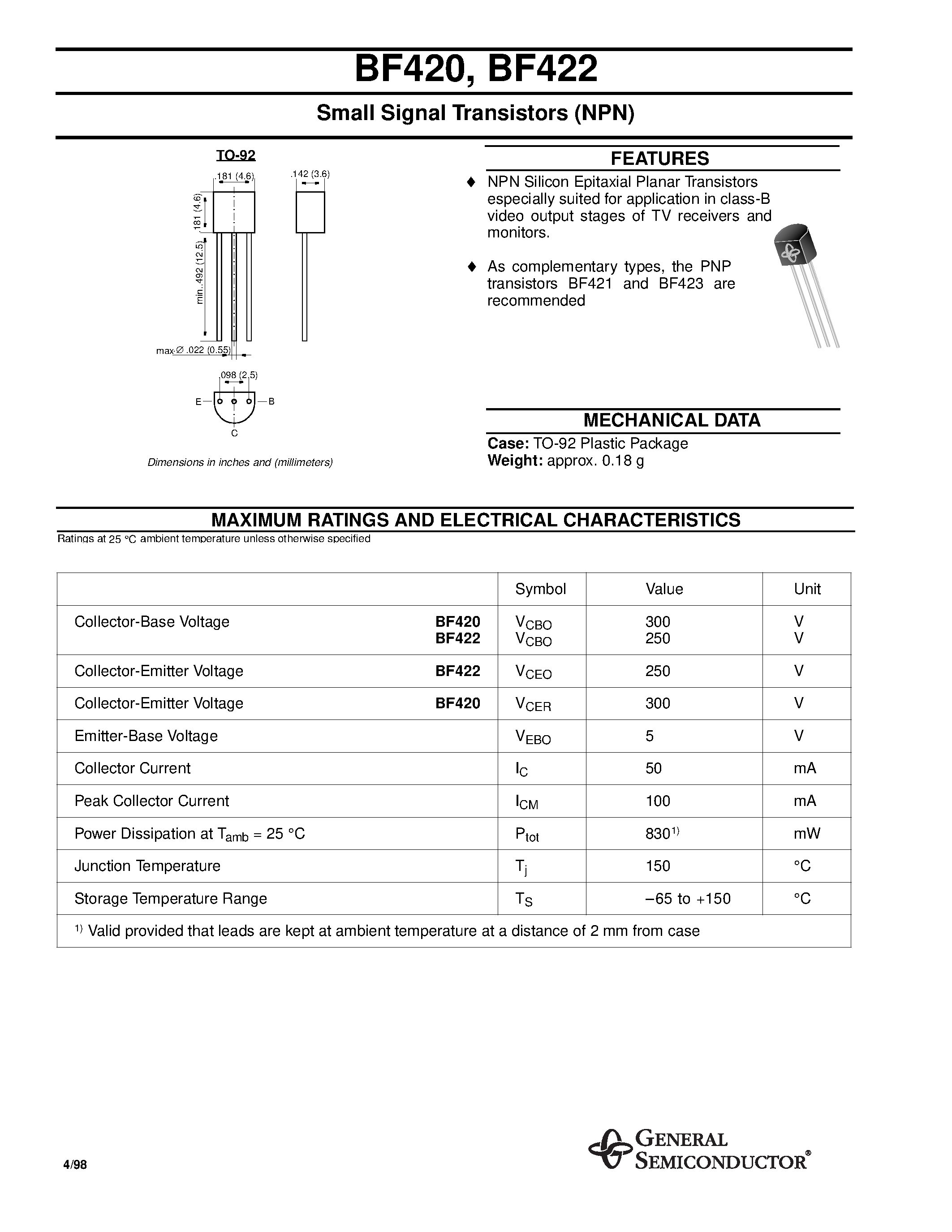Даташит BF420 - Small Signal Transistors (NPN) страница 1
