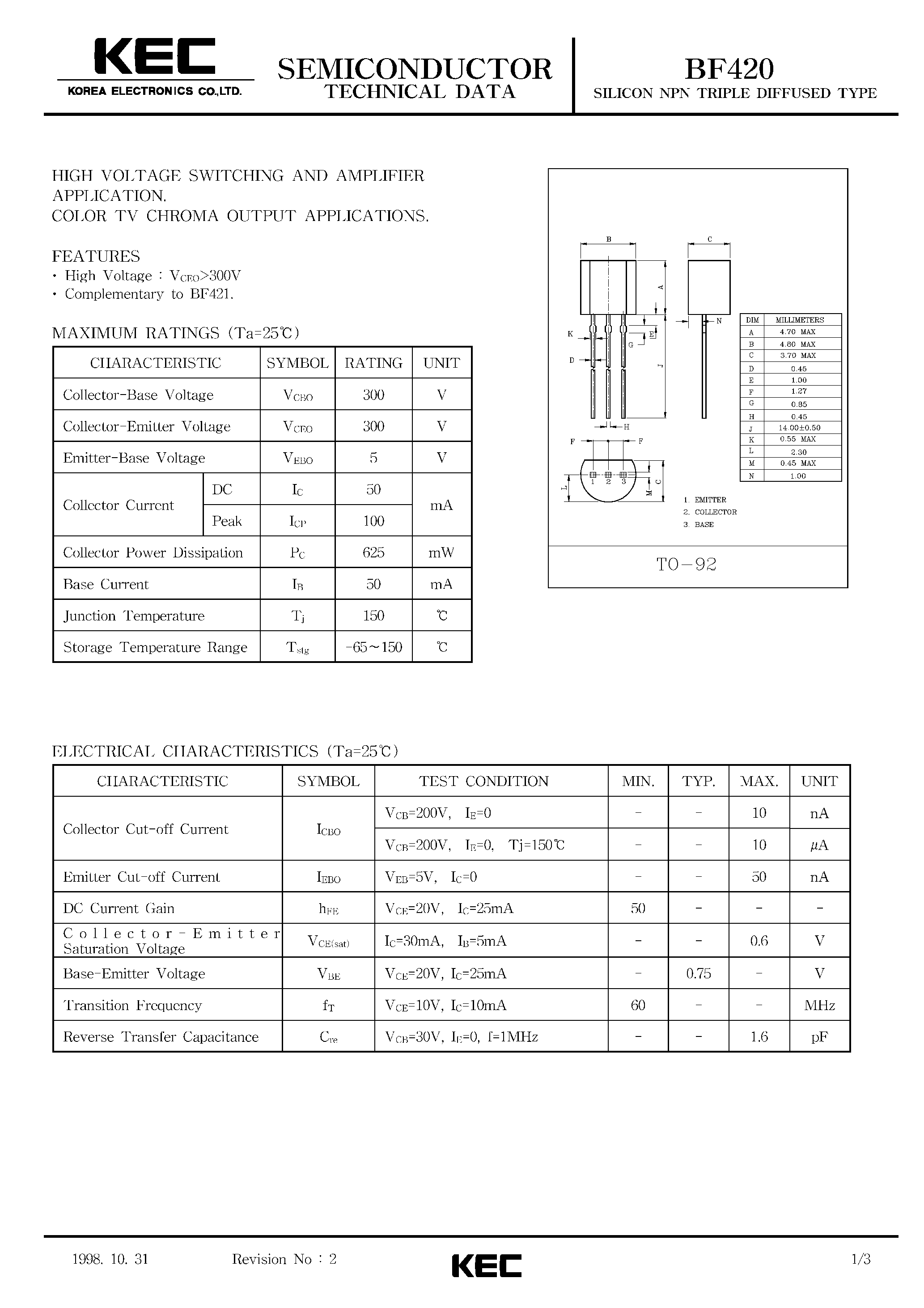Даташит на микросхему BF420 страница 1 Даташит BF420 - SILICON NPN TRIPLE DIFFUSED TYPE (HIGH VOLTAGE SWITCHING AND AMPLIFIER/COLOR TV CHROMA OUTPUT) страница 1