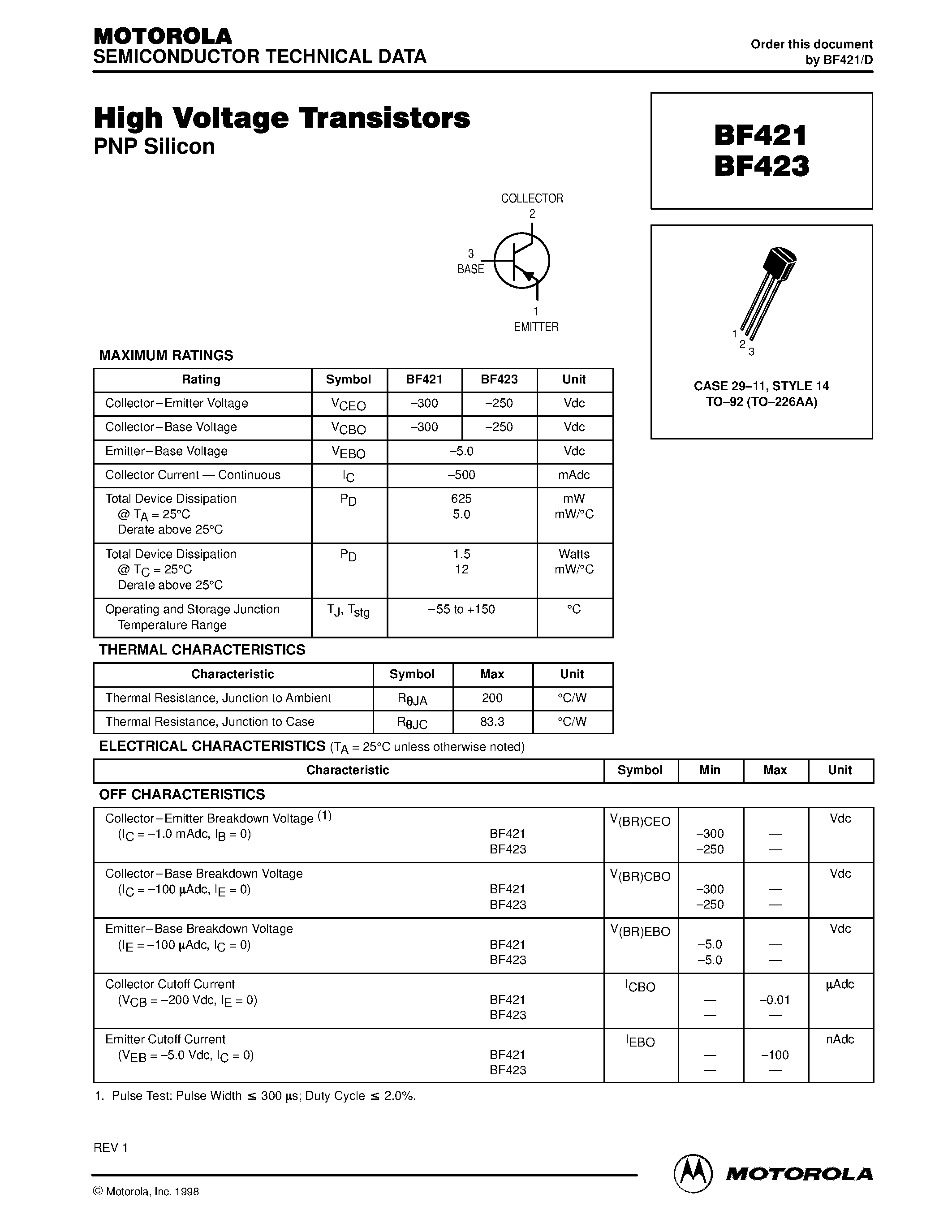 Даташит BF421 - High Voltage Transistors(PNP Silicon) страница 1