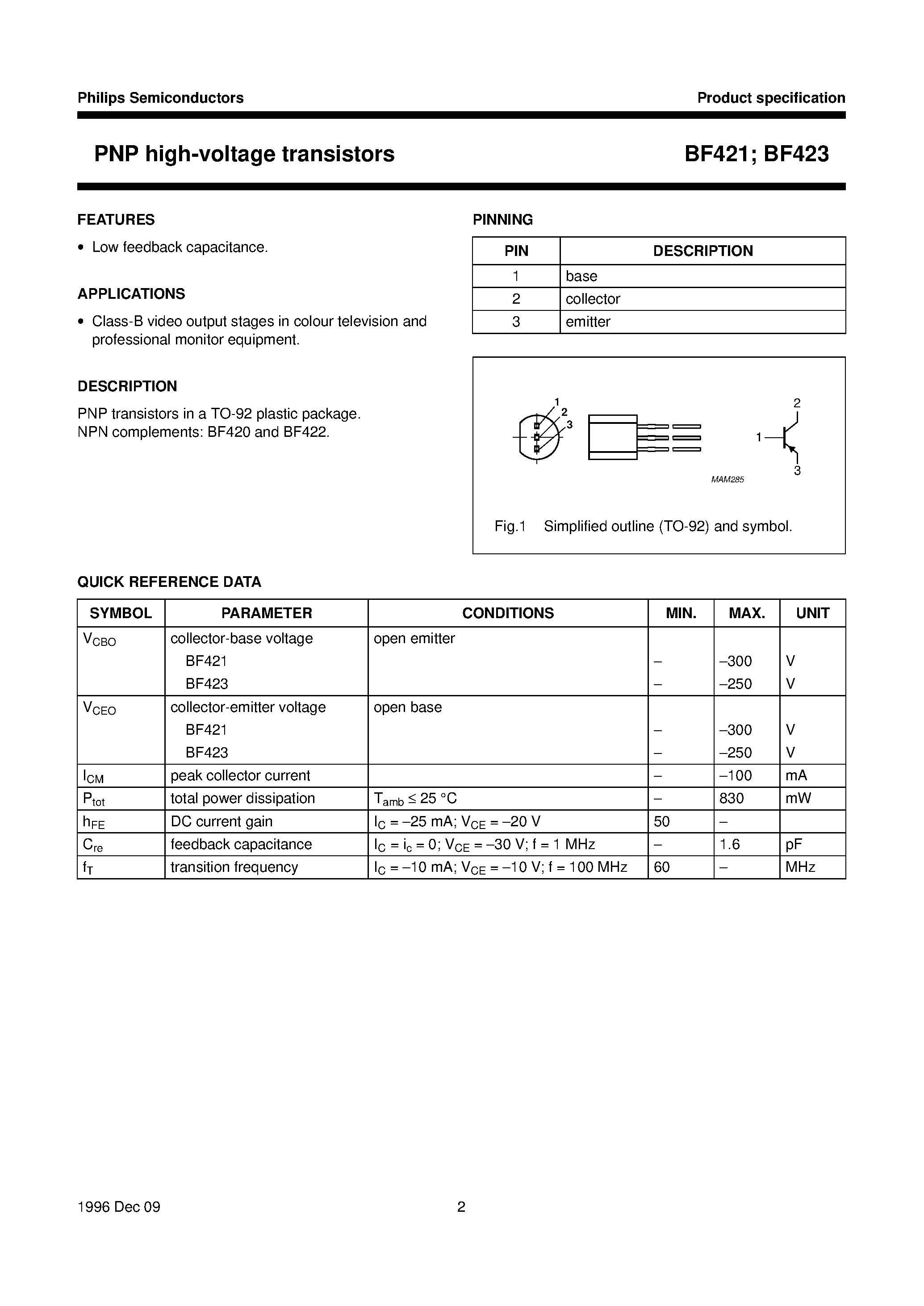 Даташит BF421 - PNP high-voltage transistors страница 2