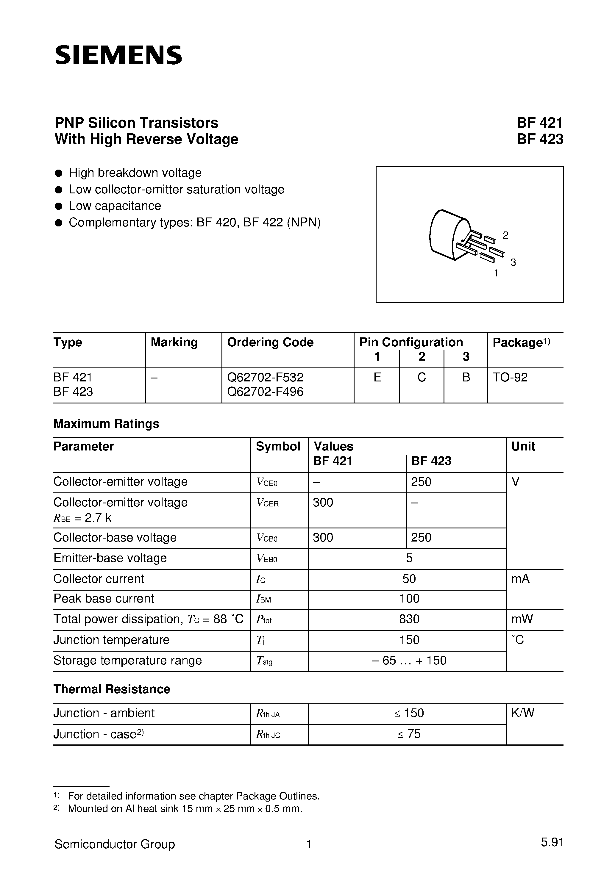 Даташит BF421 - PNP Silicon Transistors (High breakdown voltage Low collector-emitter saturation voltage) страница 1