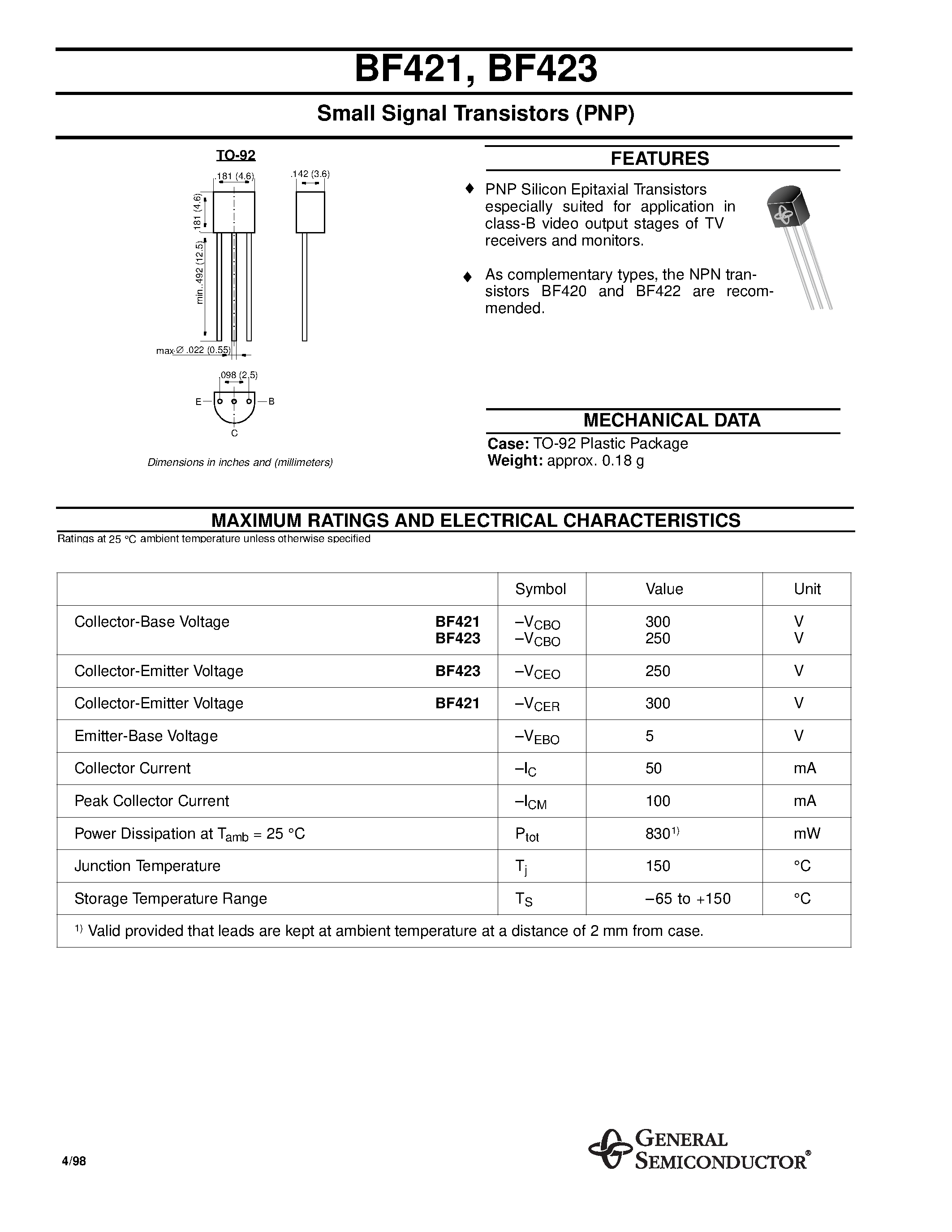 Даташит на микросхему BF421 страница 1 Даташит BF421 - Small Signal Transistors (PNP) страница 1
