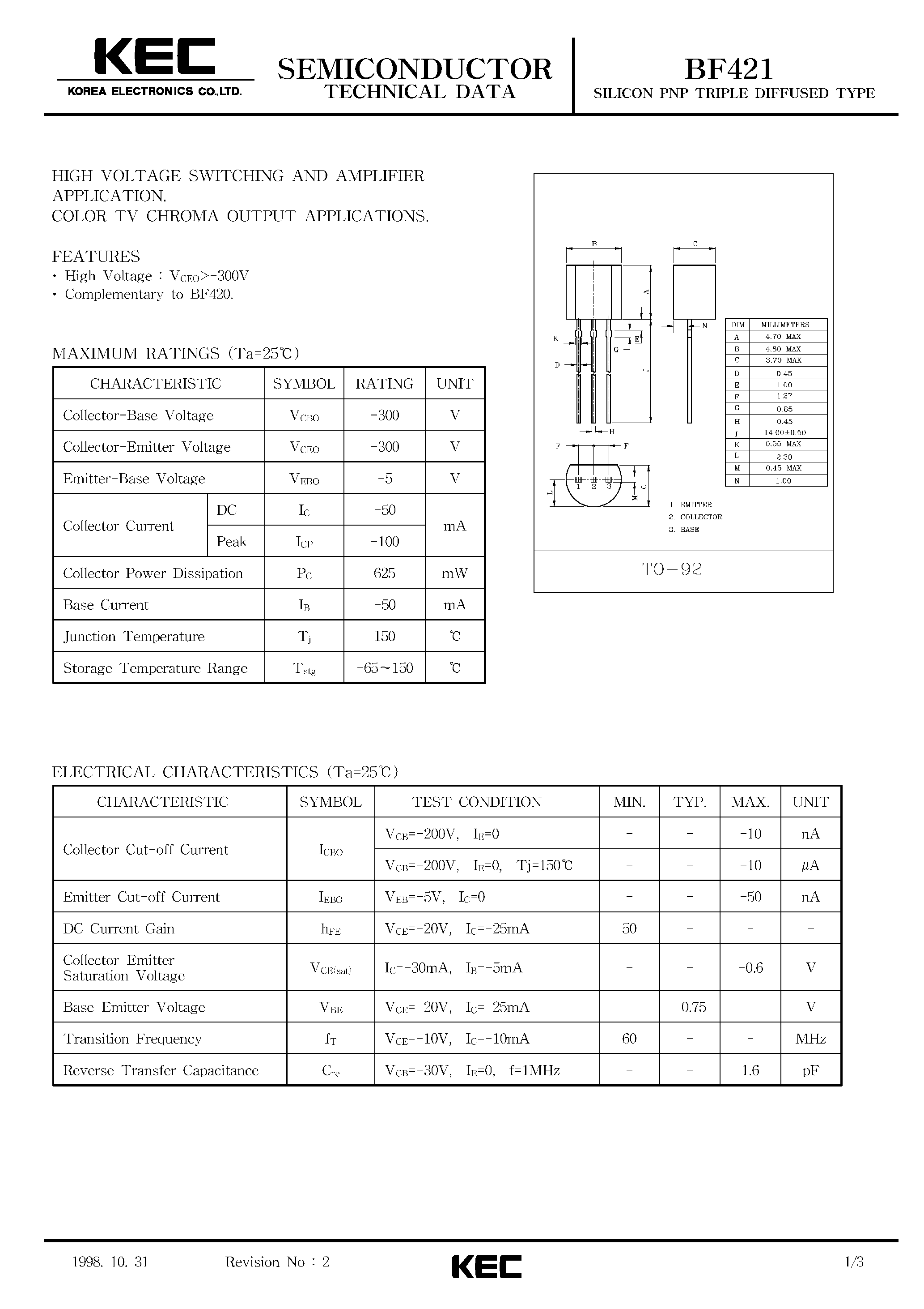Даташит на микросхему BF421 страница 1 Даташит BF421 - SILICON PNP TRIPLE DIFFUSED TYPE (HIGH VOLTAGE SWITCHING AND AMPLIFIER/COLOR TV CHROMA OUTPUT) страница 1