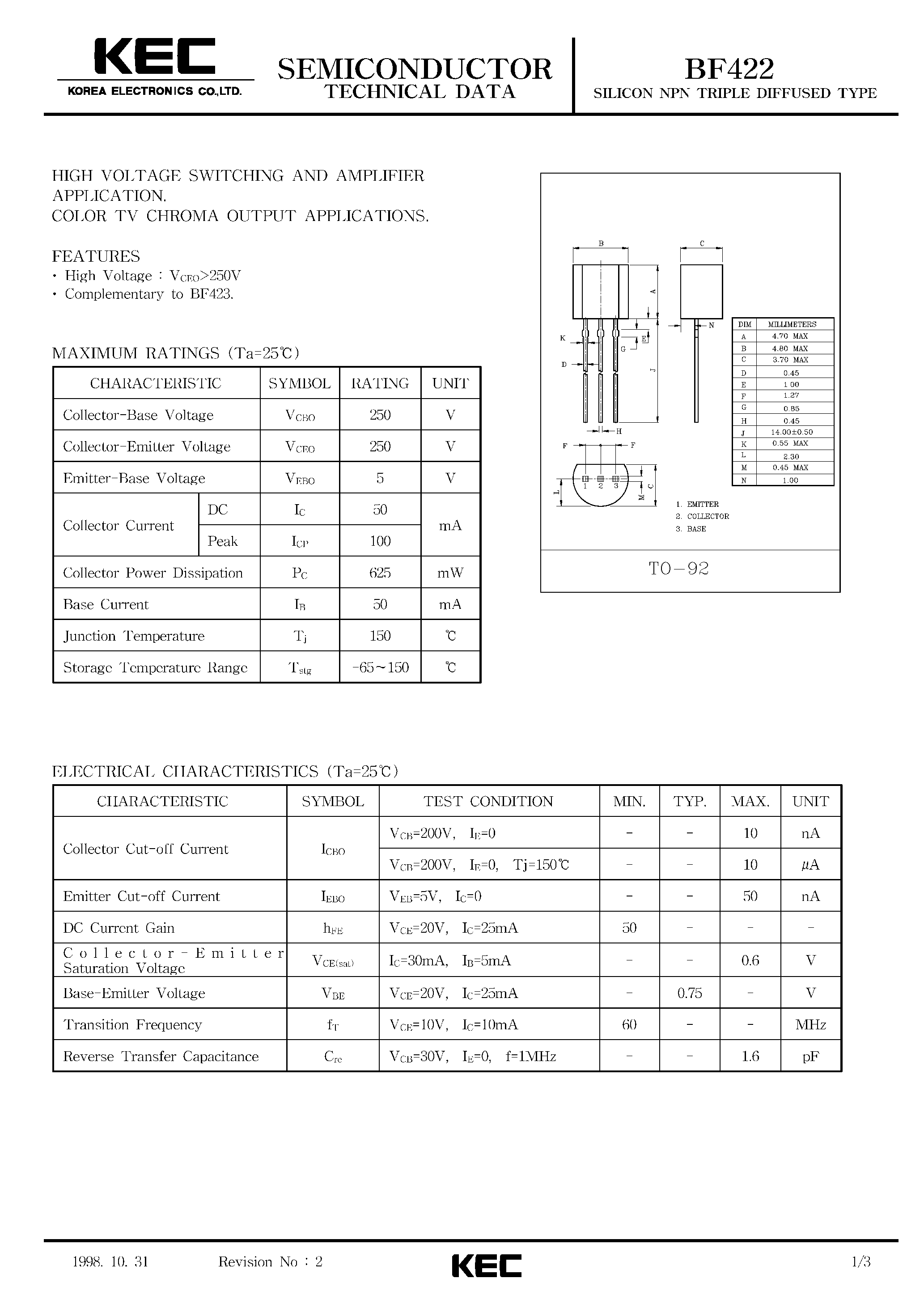 Даташит на микросхему BF422 страница 1 Даташит BF422 - SILICON NPN TRIPLE DIFFUSED TYPE (HIGH VOLTAGE SWITCHING AND AMPLIFIER/COLOR TV CHROMA OUTPUT) страница 1