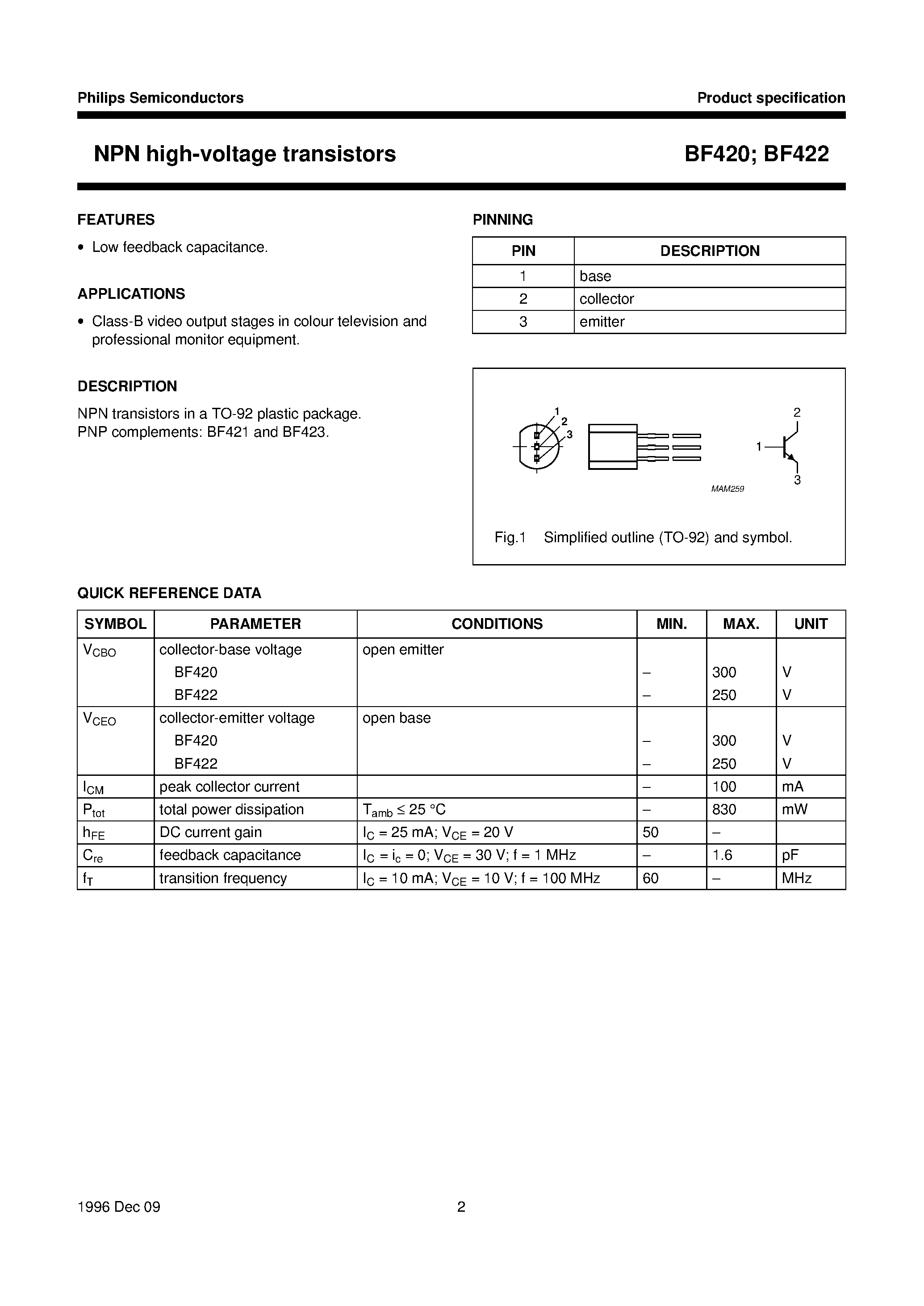 Даташит BF422 - NPN high-voltage transistors страница 2
