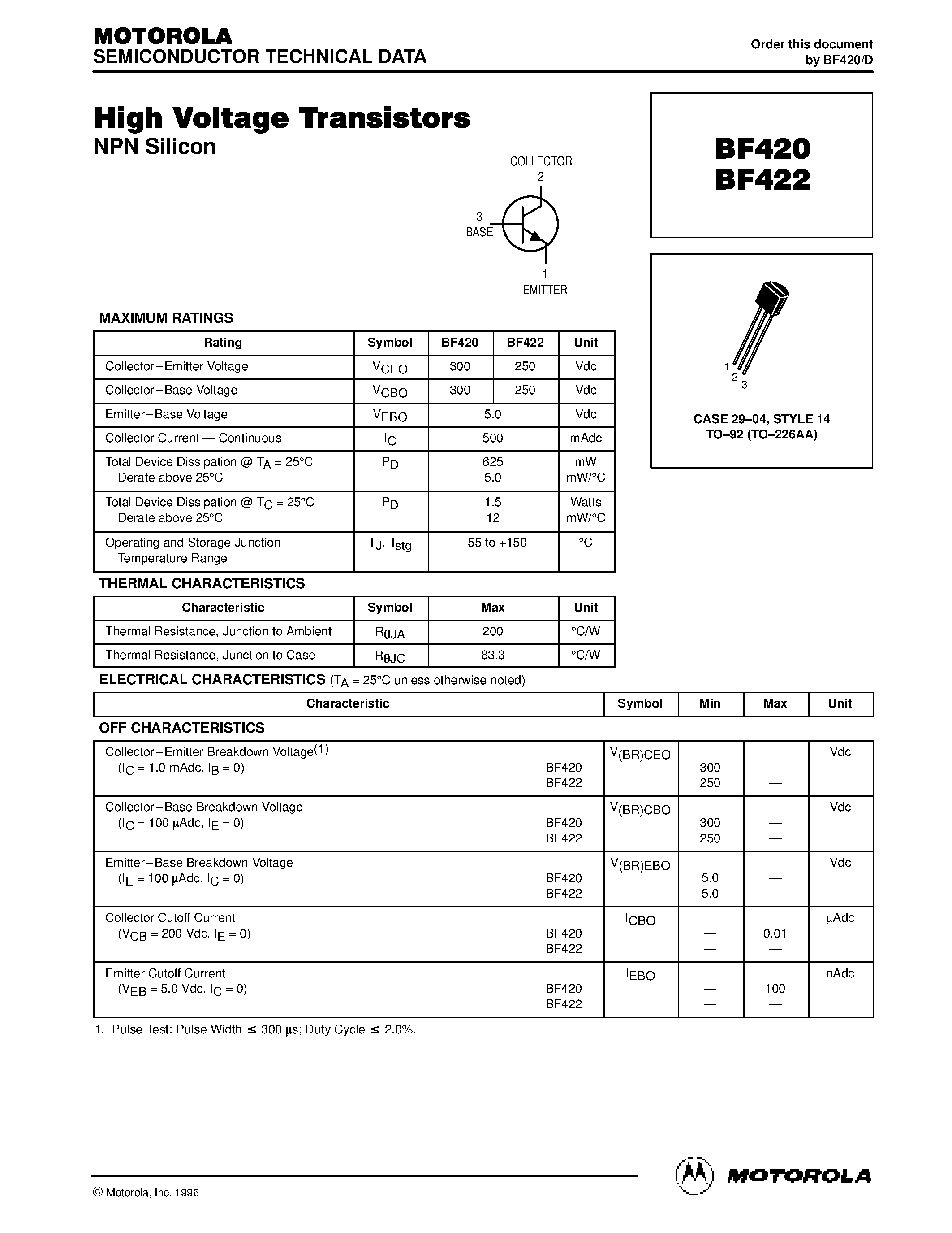 Даташит на микросхему BF422 страница 1 Даташит BF422 - High Voltage Transistors(NPN) страница 1