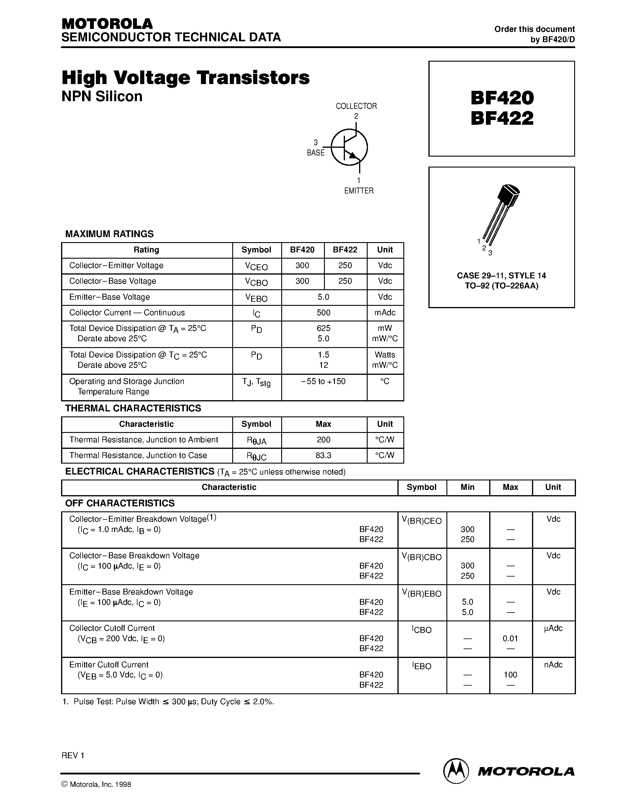 Даташит BF422 - High Voltage Transistors(NPN Silicon) страница 1