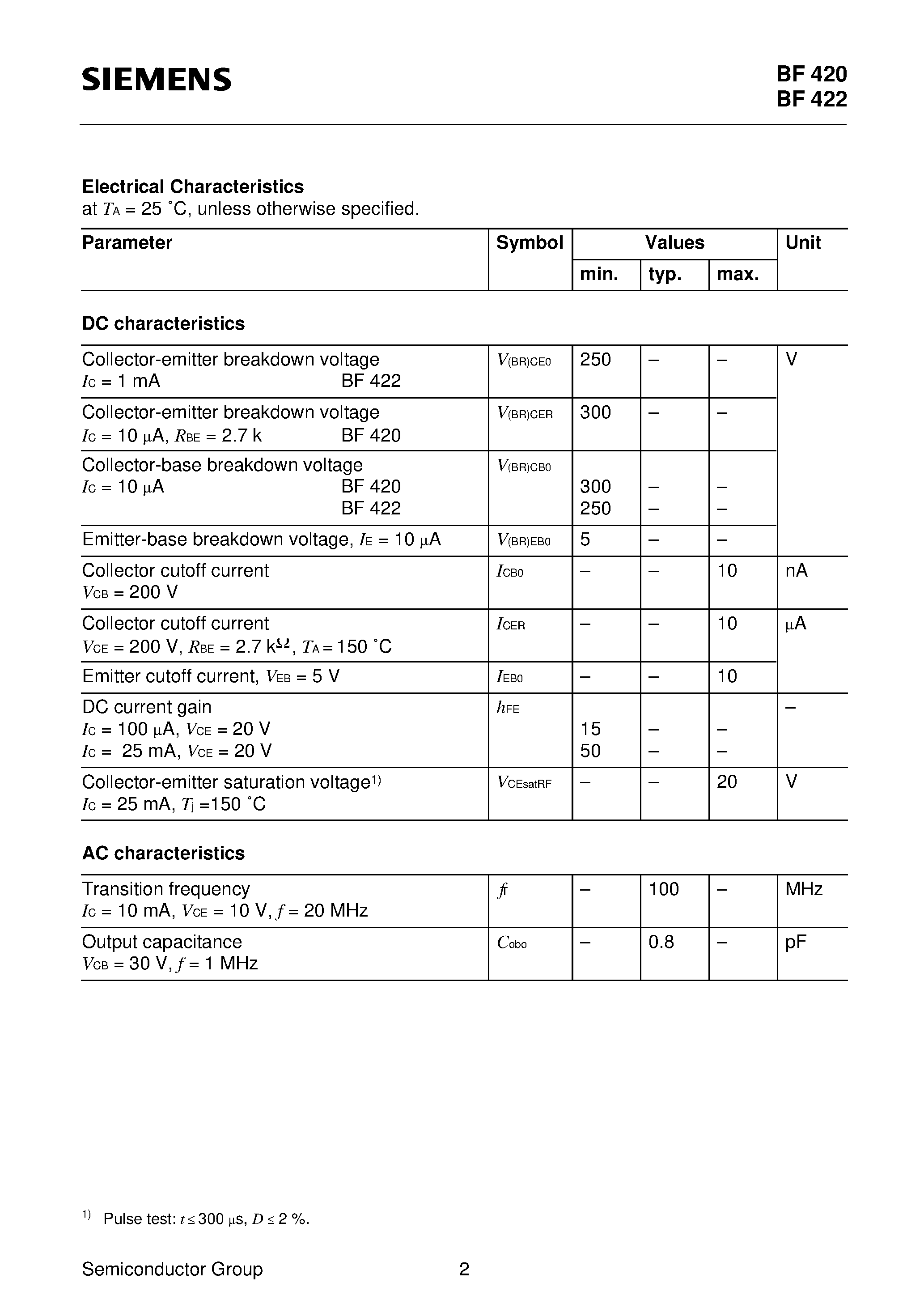 Datasheet BF422 - NPN Silicon Transistors With High Reverse Voltage (NPN Silicon Transistors With High Reverse Voltage) page 2