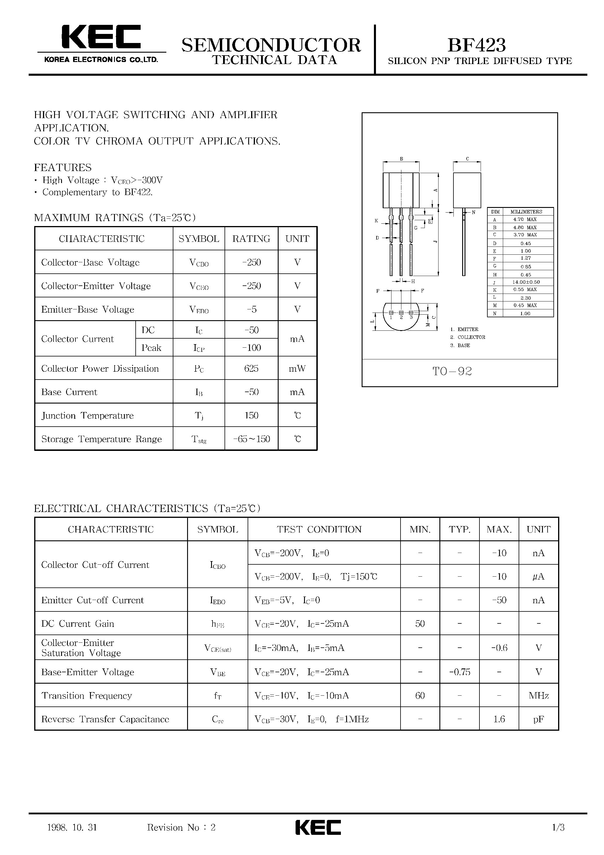 Даташит на микросхему BF423 страница 1 Даташит BF423 - SILICON PNP TRIPLE DIFFUSED TYPE (HIGH VOLTAGE SWITCHING AND AMPLIFIER/COLOR TV CHROMA OUTPUT) страница 1