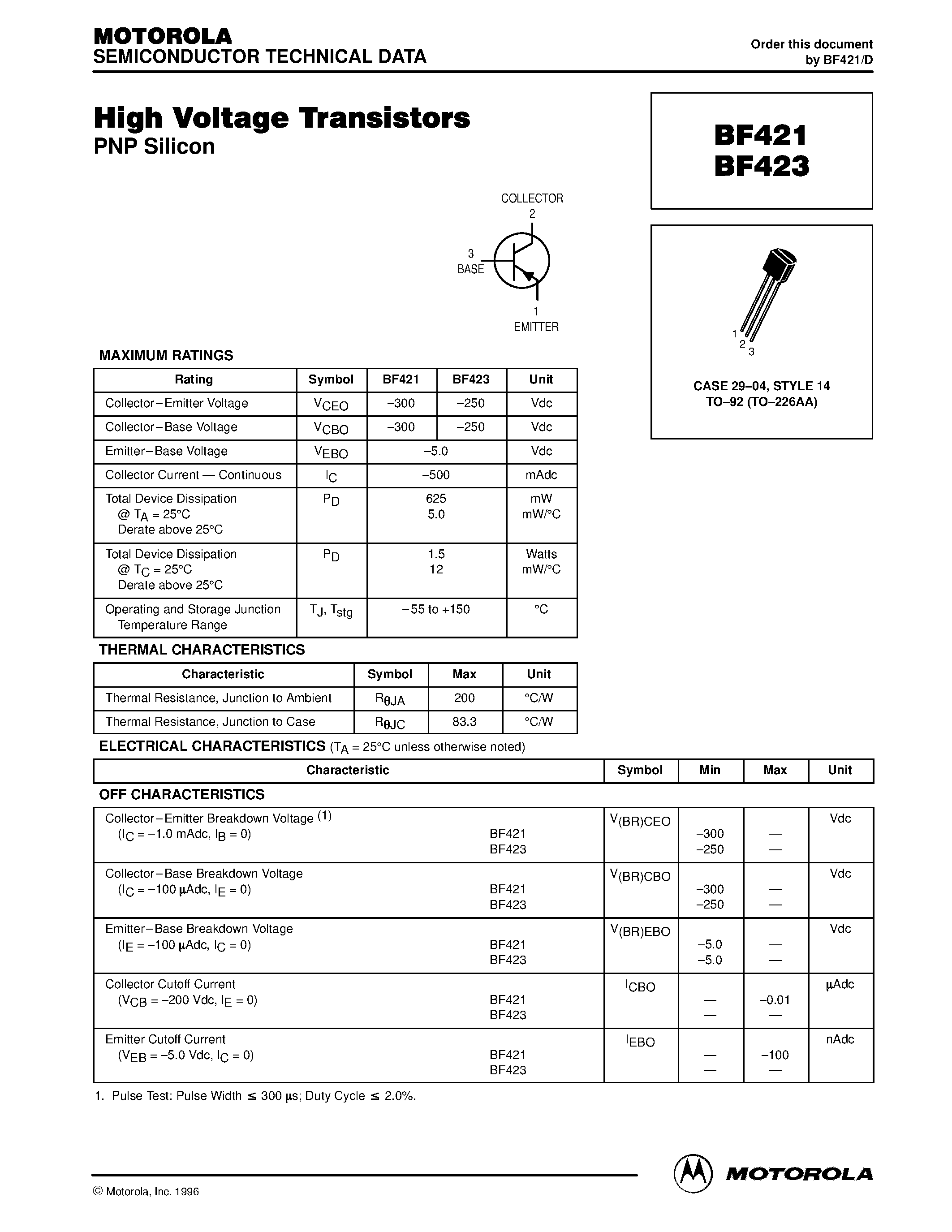 Даташит BF423 - High Voltage Transistors(PNP) страница 1