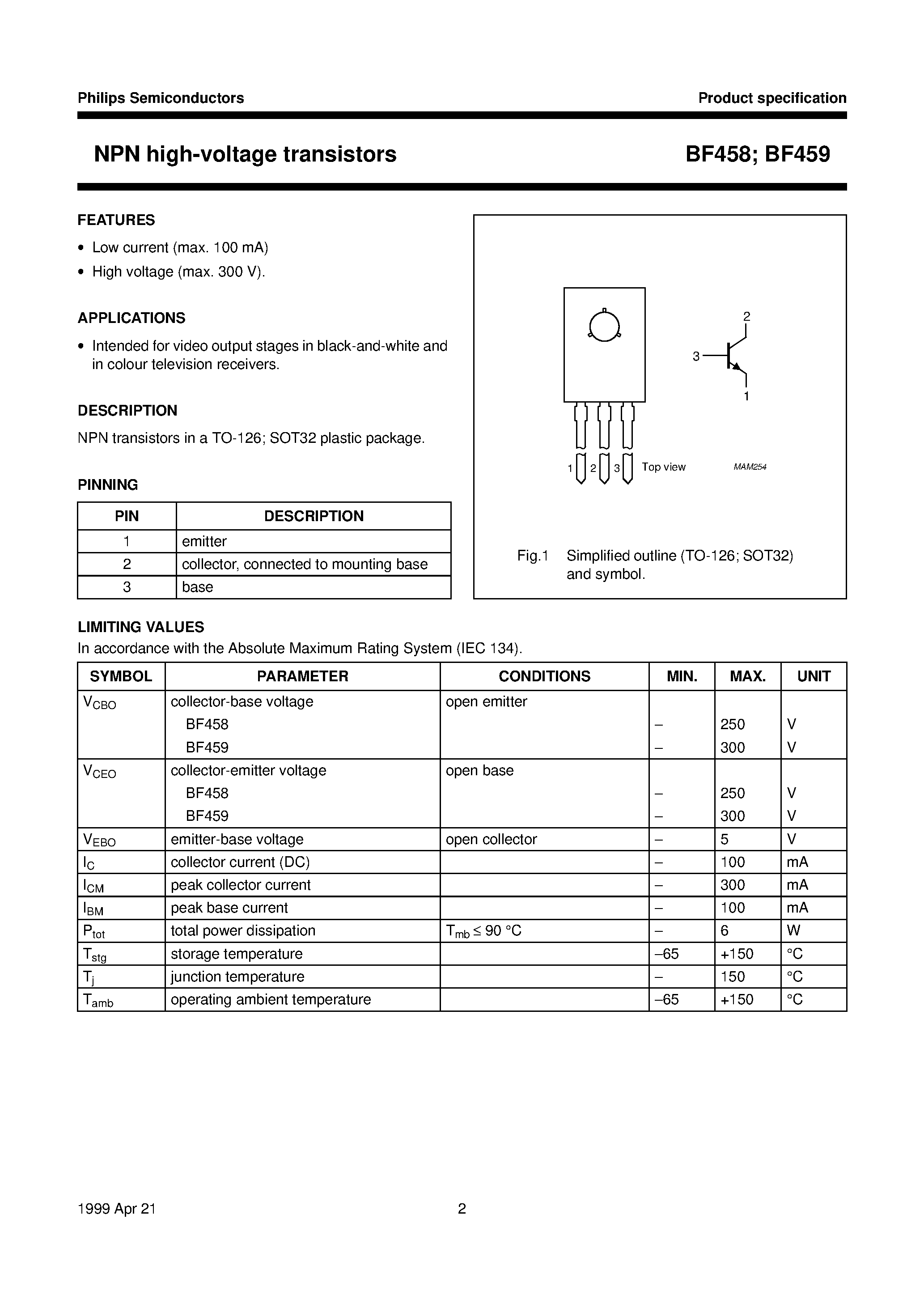 Даташит BF458 - NPN high-voltage transistors страница 2
