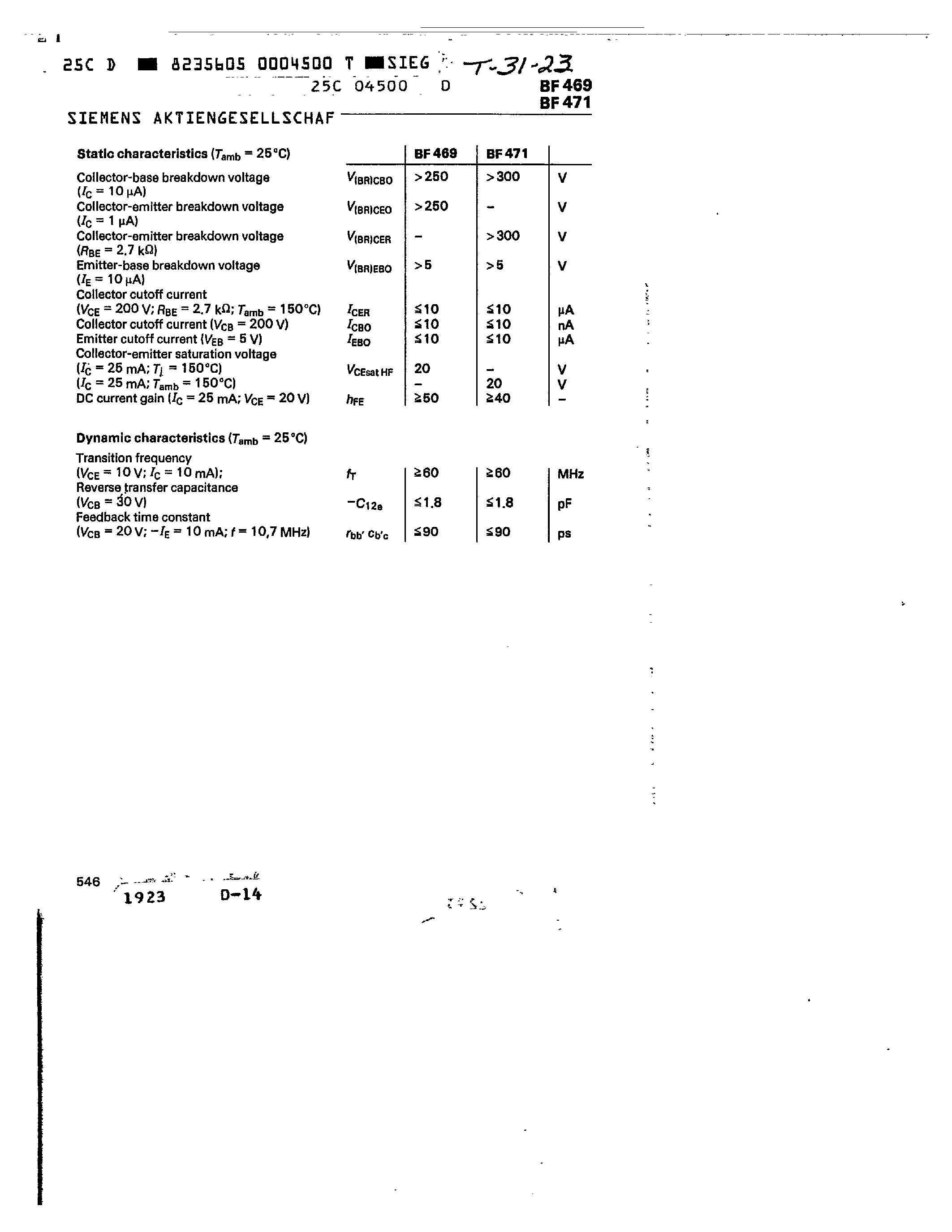 Даташит на микросхему BF469 страница 2 Даташит BF469 - NPN SILICON PLANAR TRANSISTORS страница 2